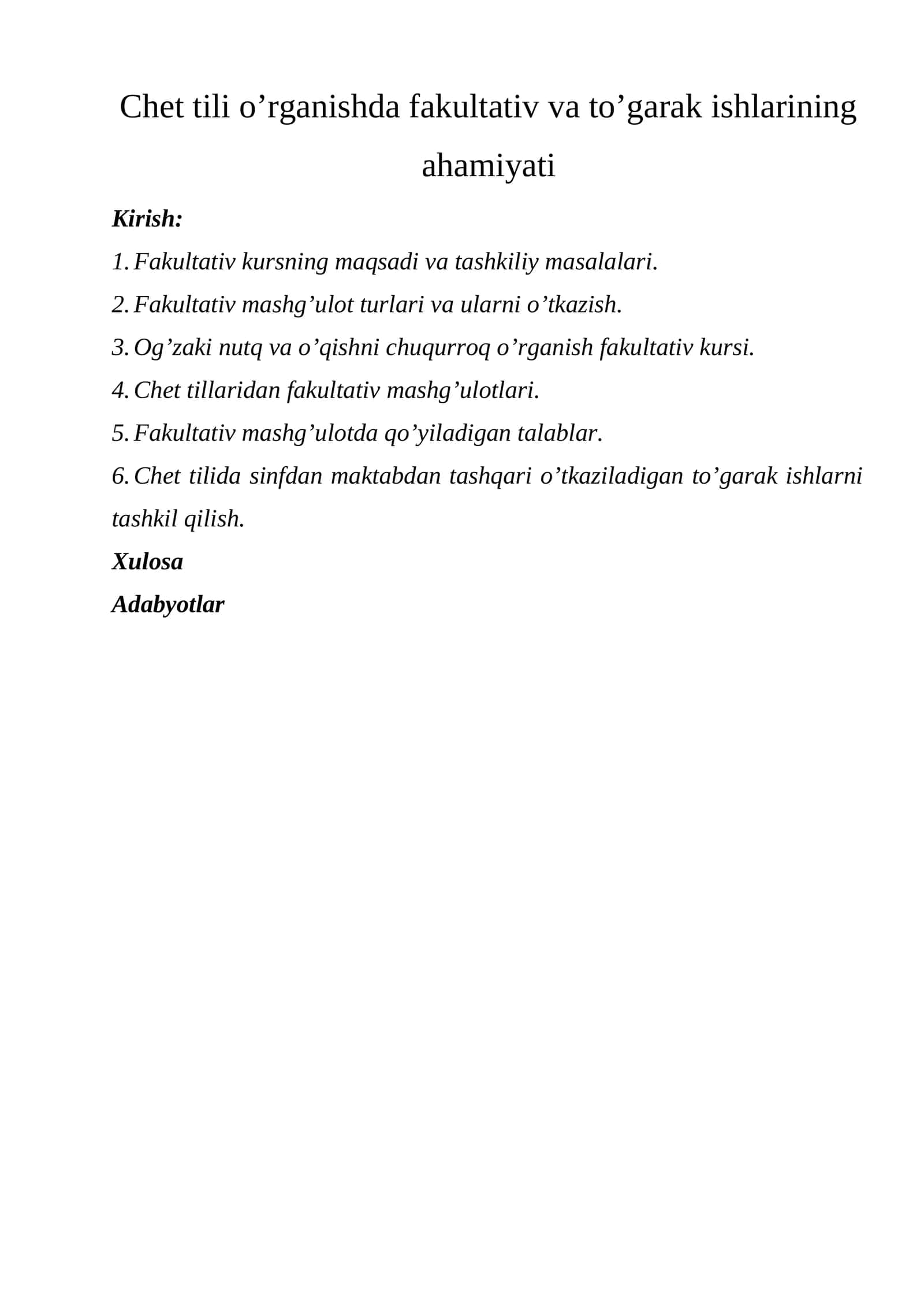 Chet tili o'rganishda fakultativ va to'garak ishlarining ahamiyati 1