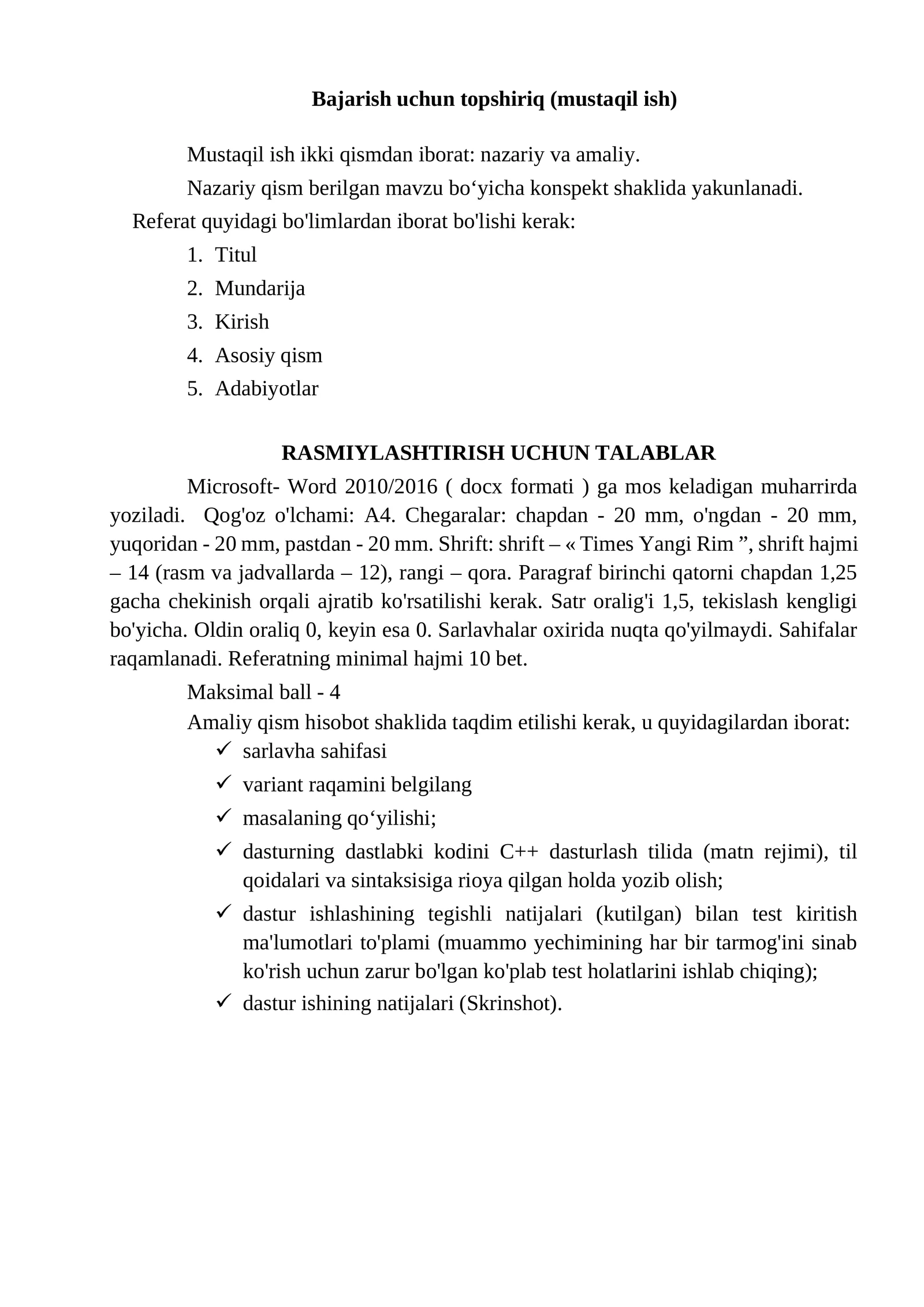 Bajarish uchun topshiriq (mustaqil ish) 1