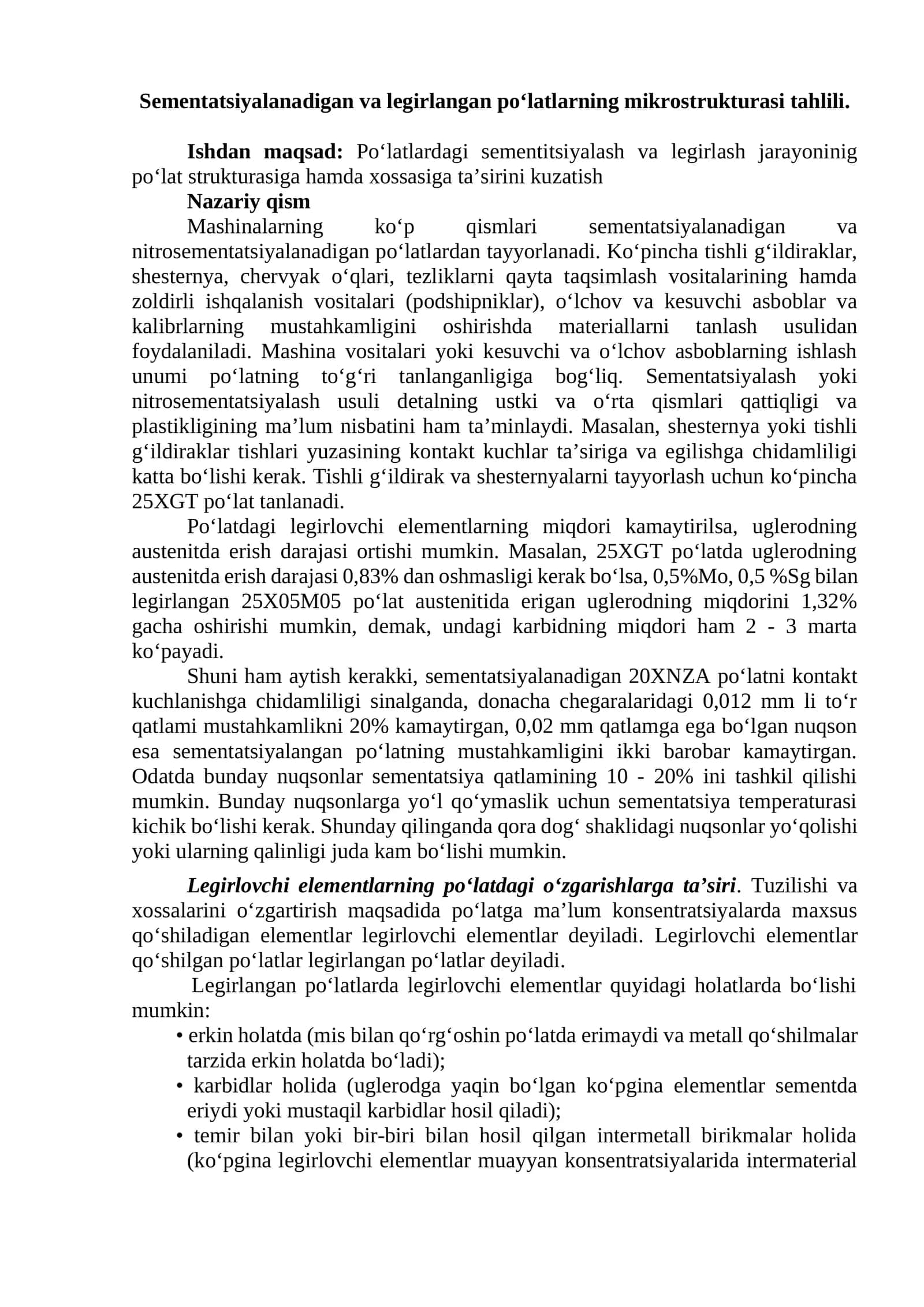 Po‘latlarning mikrostrukturasini sementatsiyalash va legirlash 1
