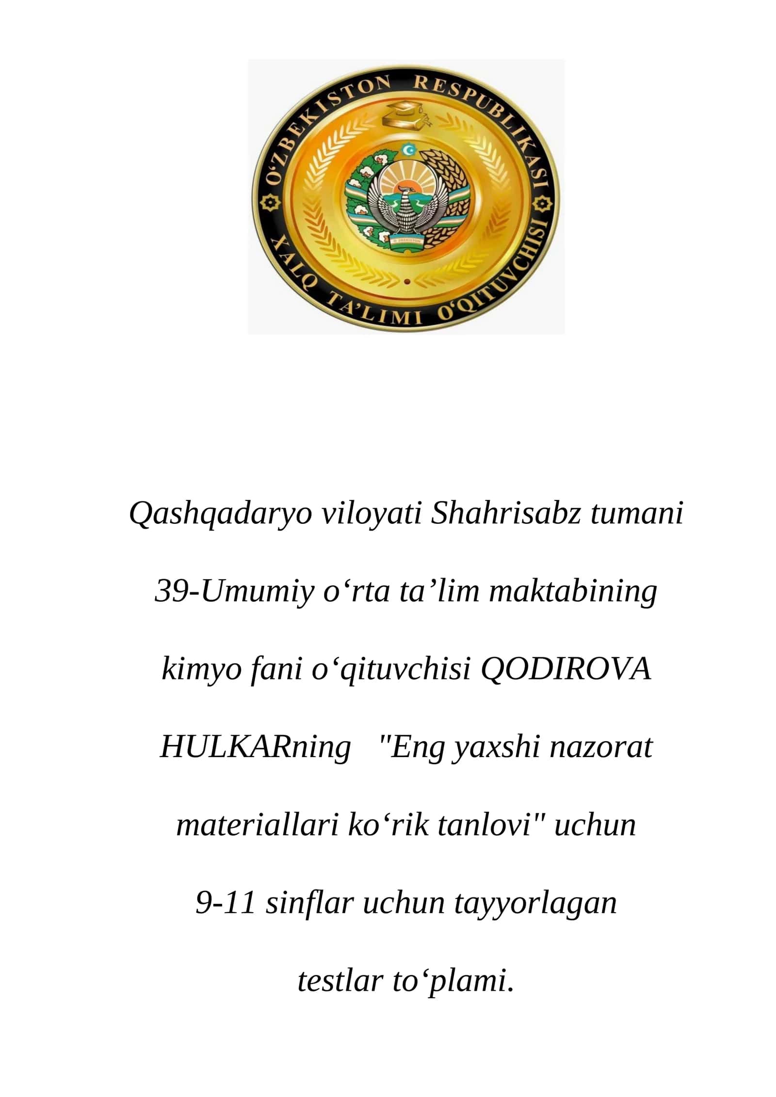 Kimyo fani test savollari 1