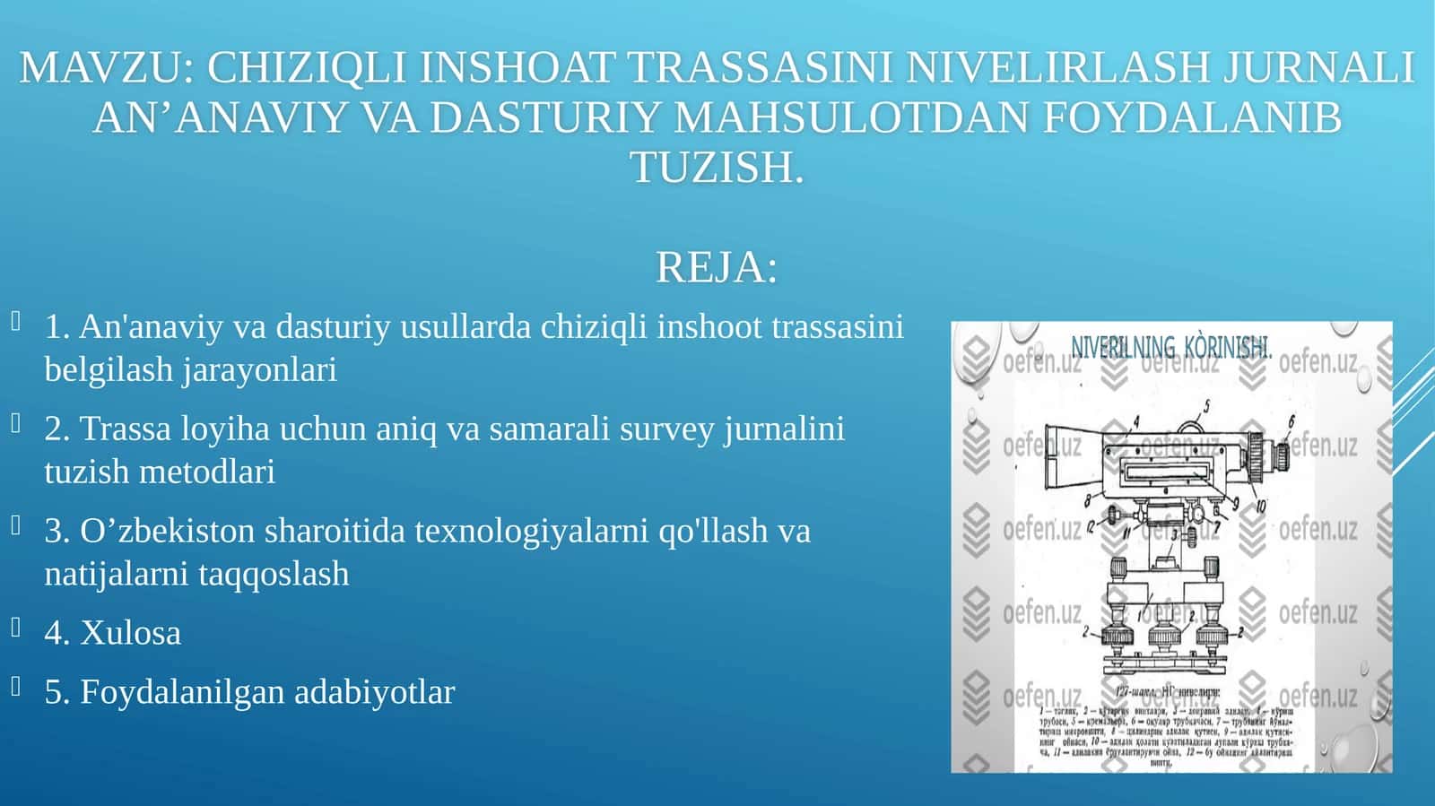 Chiziqli inshoat trassasini nivelirlash jurnali an’anaviy va dasturiy mahsulotdan foydalanib tuzish 1
