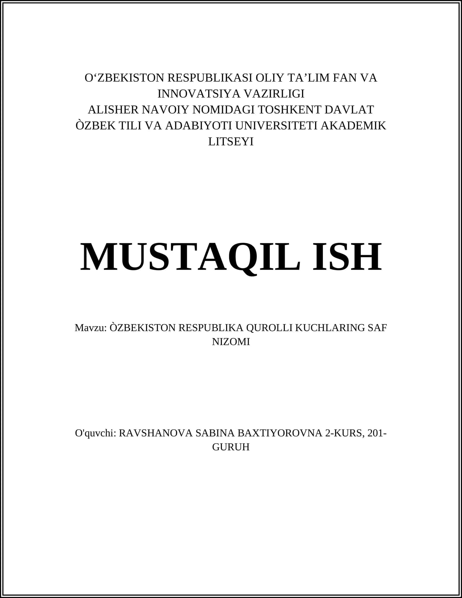 ÒZBEKISTON RESPUBLIKA QUROLLI KUCHLARING SAF NIZOMI 1