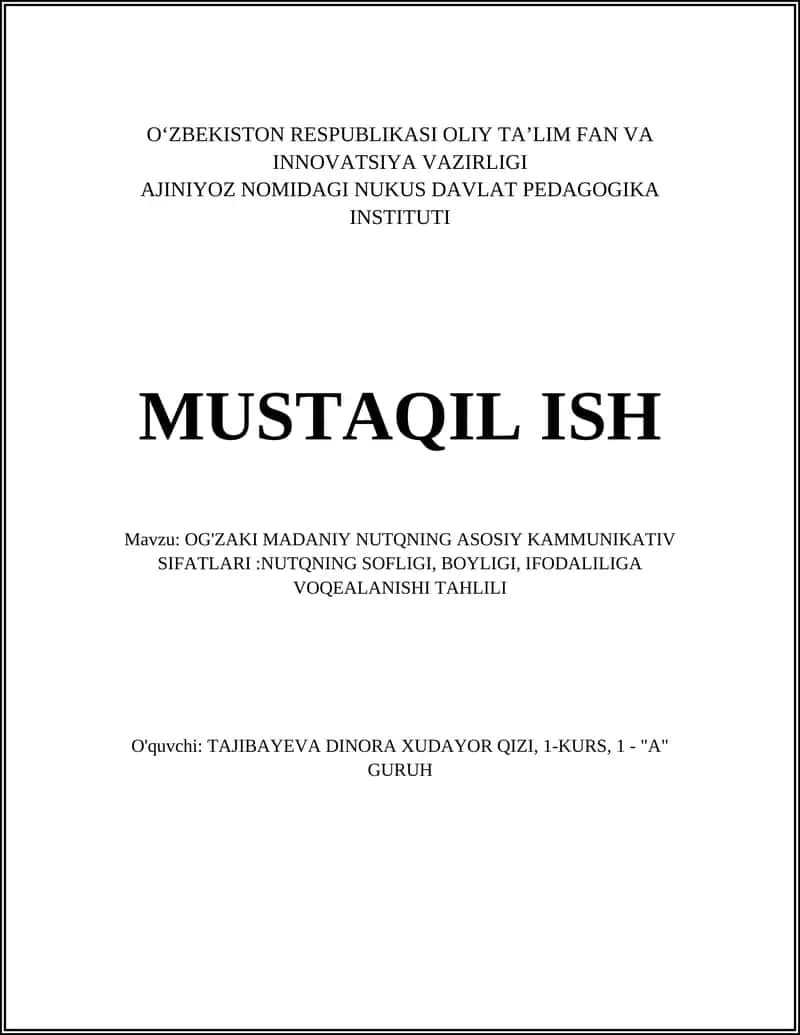 OG'ZAKI MADANIY NUTQNING ASOSIY KAMMUNIKATIV SIFATLARI:NUTQNING SOFLIGI, BOYLIGI, IFODALILIGA VOQEALANISHI TAHLILI 1