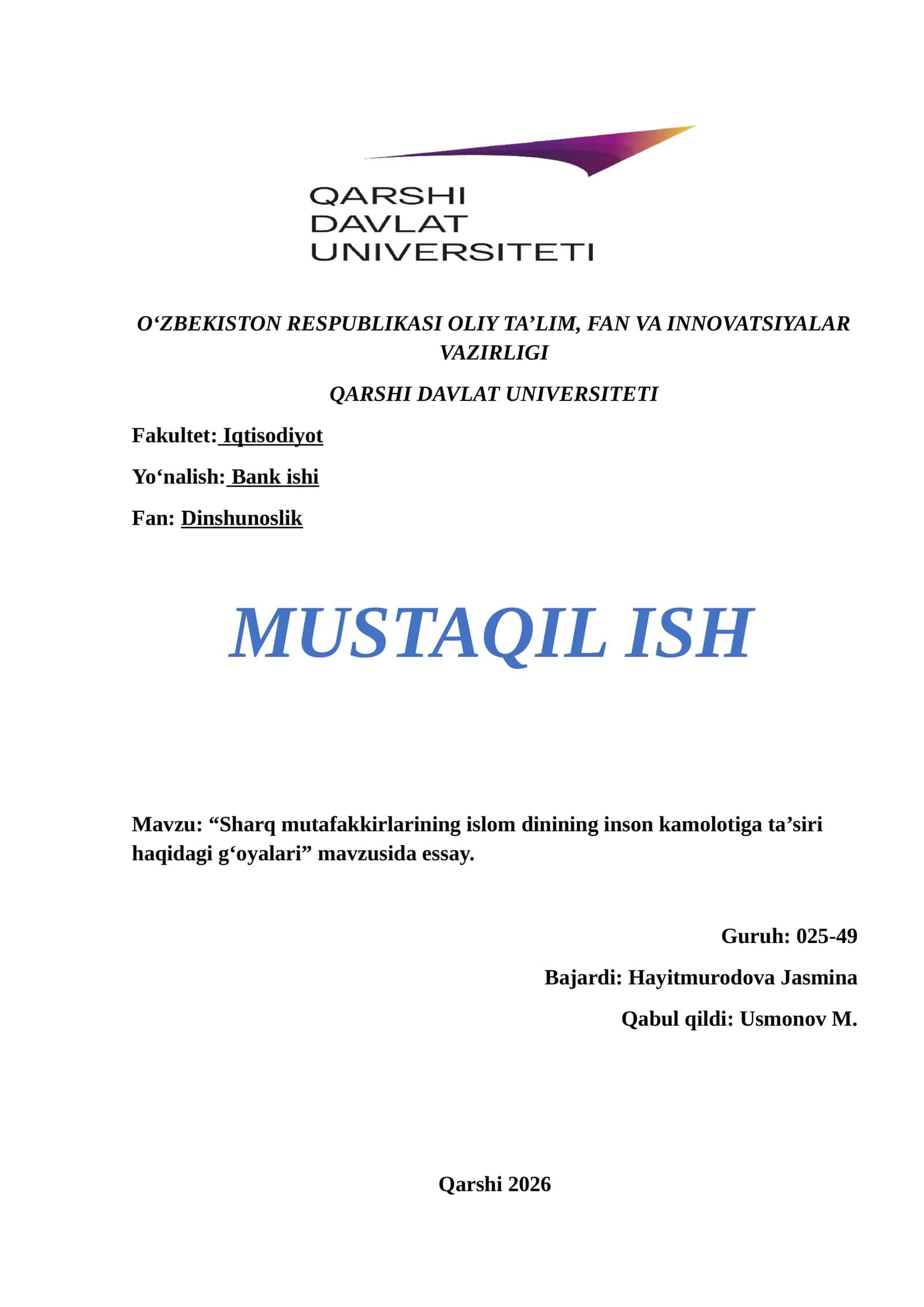 “Sharq mutafakkirlarining islom dinining inson kamolotiga ta’siri haqidagi g‘oyalari” mavzusida essay 1