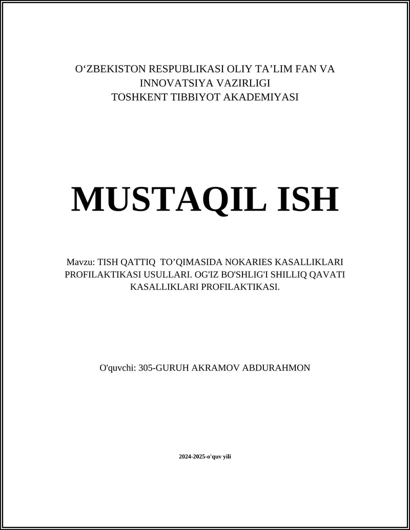 TISH QATTIQ TO’QIMASIDA NOKARIES KASALLIKLARI PROFILAKTIKASI USULLARI 1