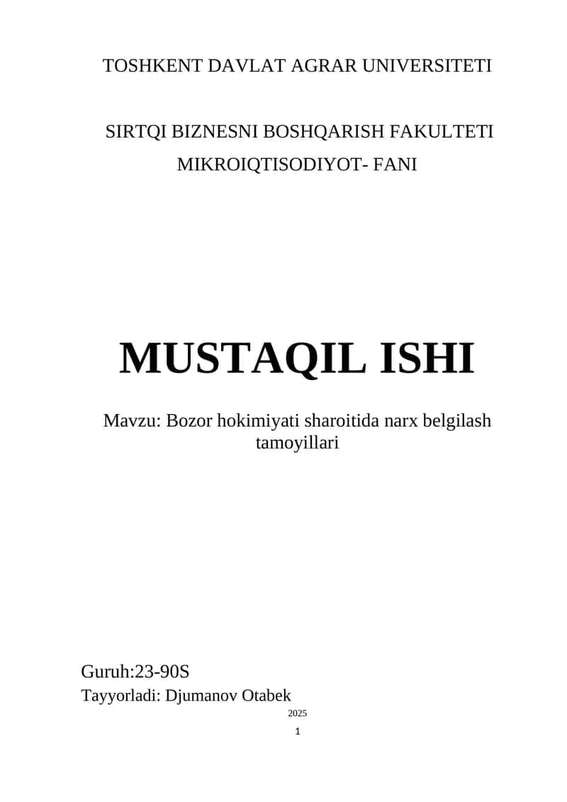 Bozor hokimiyati sharoitida narx belgilash tamoyillari 1