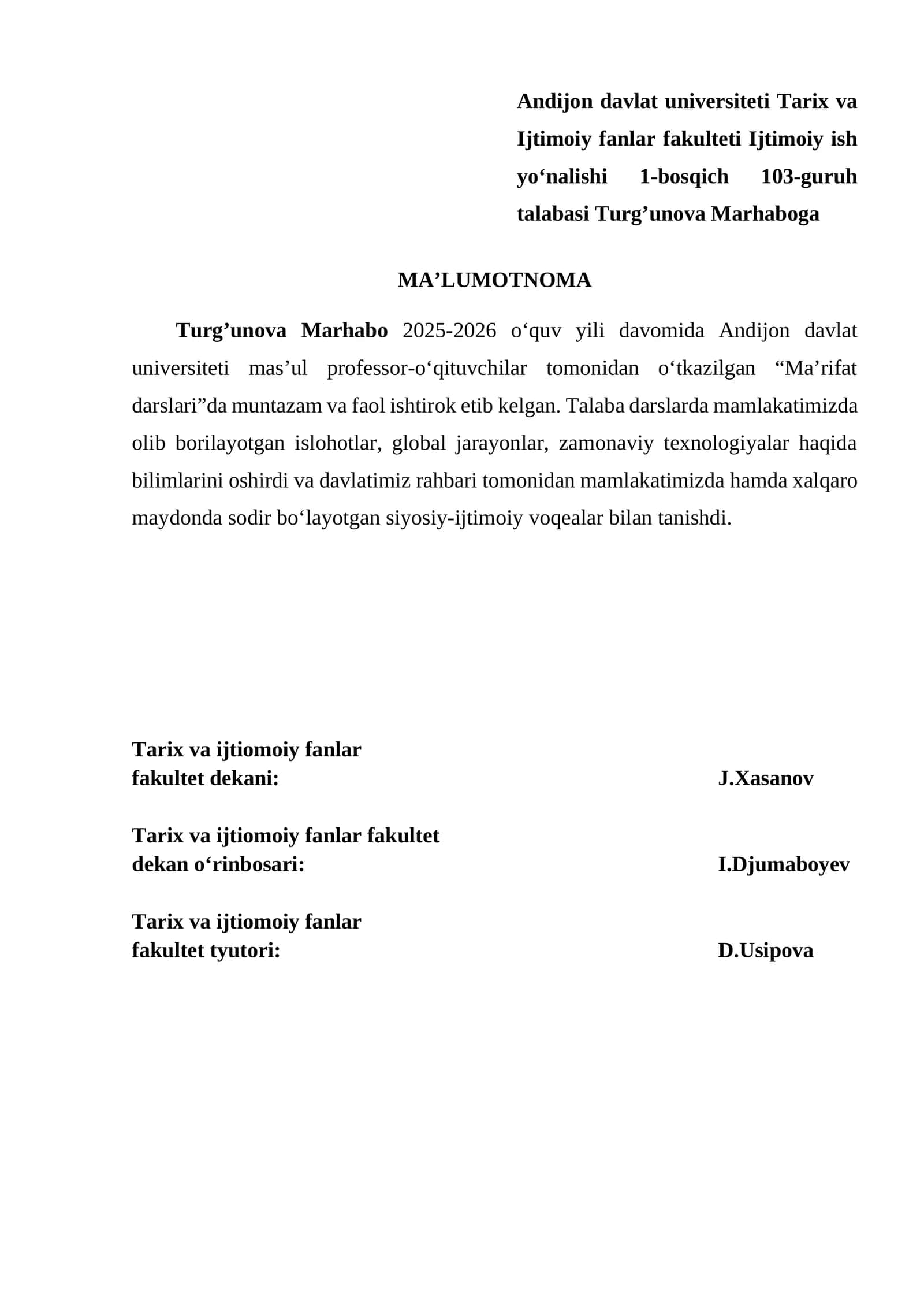 Ma’rifat darslari talabasi Turg’unova Marhaboga 1