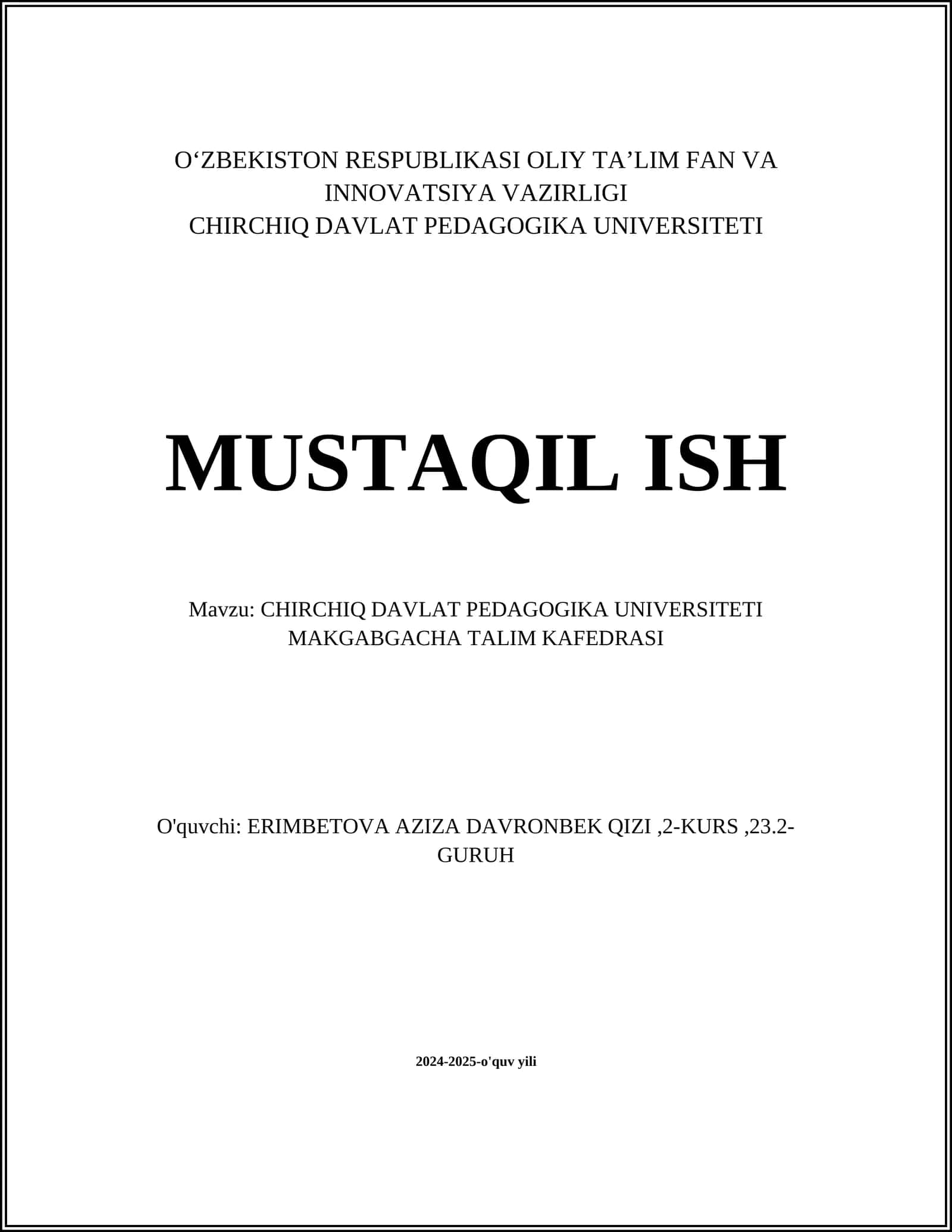 CHIRCHIQ DAVLAT PEDAGOGIKA UNIVERSITETI MAKGABGACHA TALIM KAFEDRASI 1