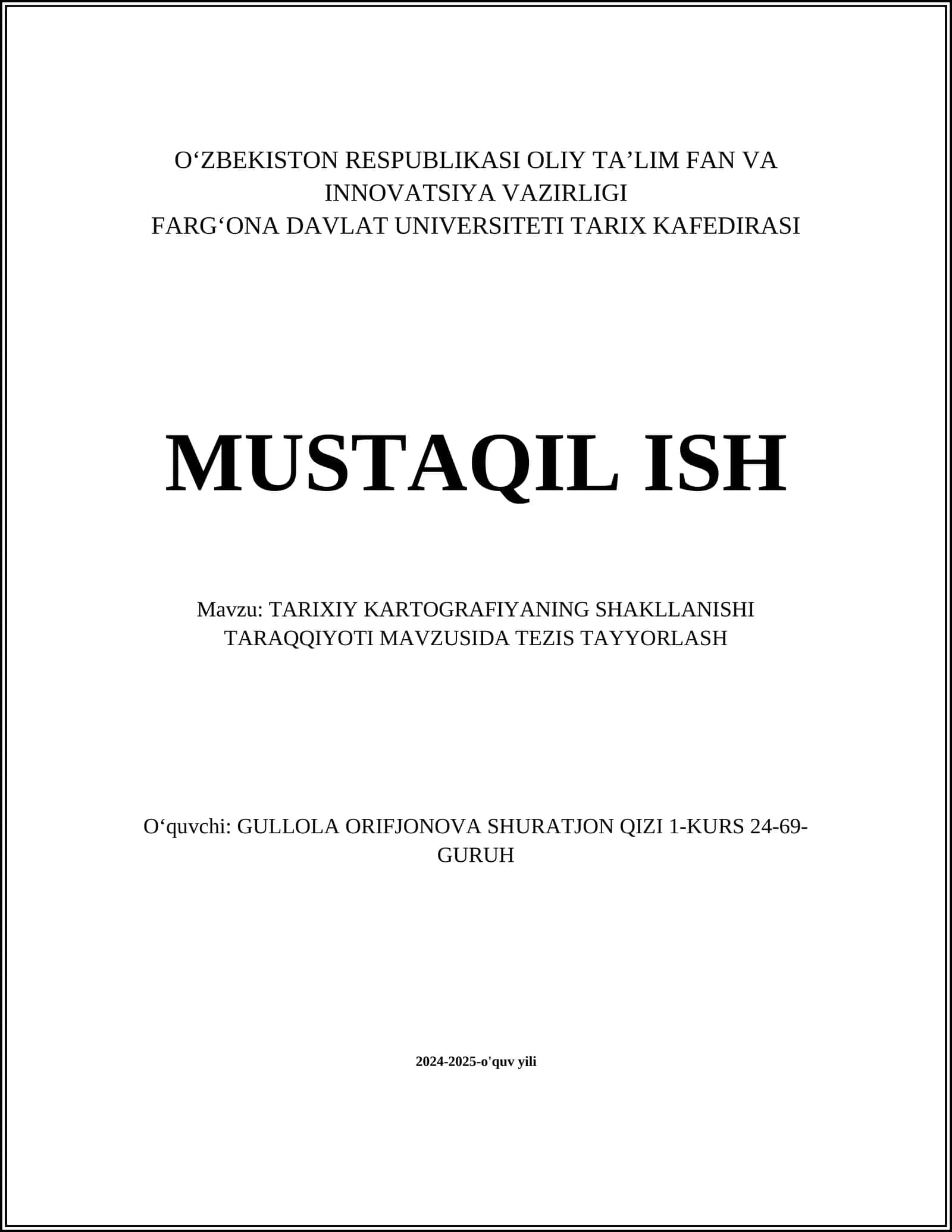 TARIXIY KARTOGRAFIYANING SHAKLLANISHI TARAQQIYOTI MAVZUSIDA TEZIS TAYYORLASH 1