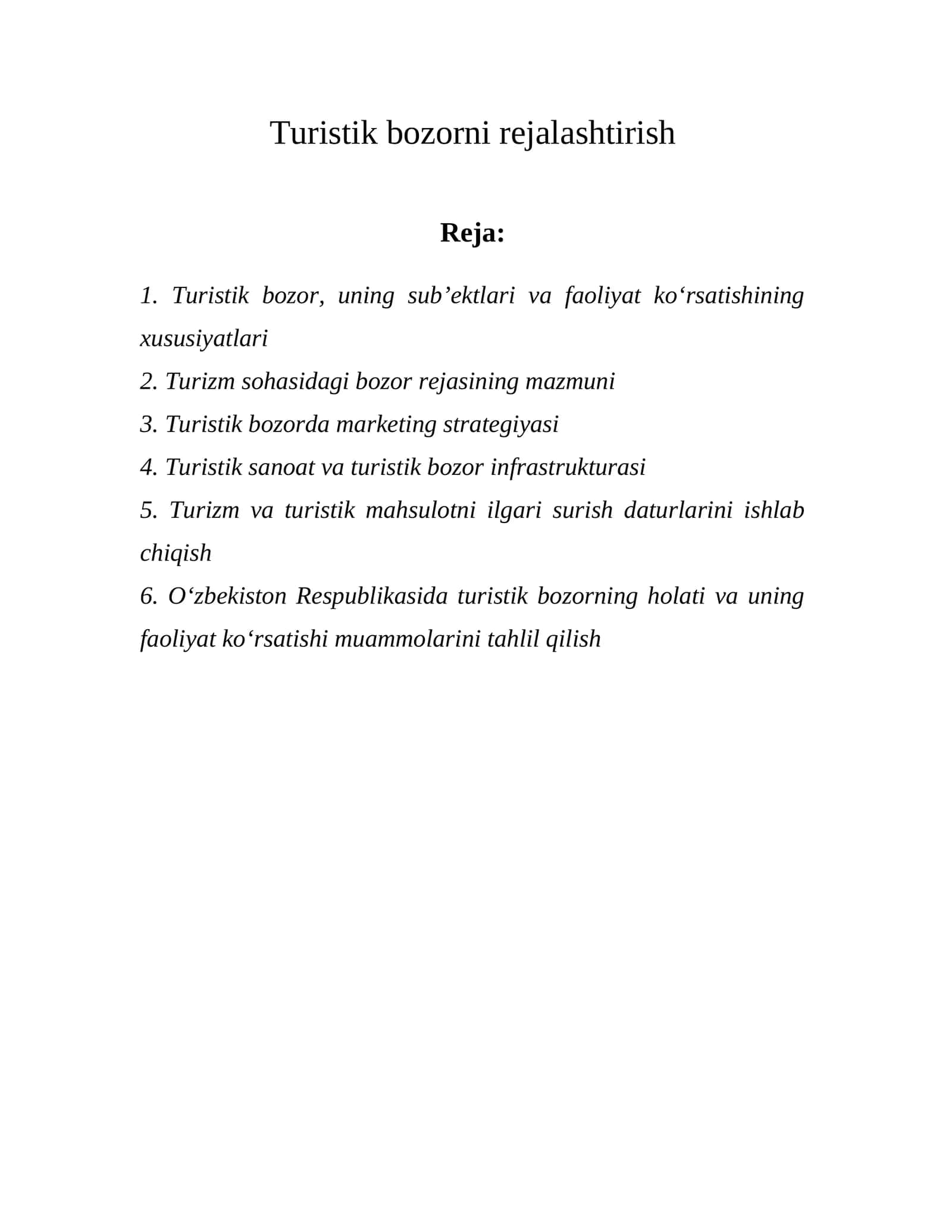 Turistik bozorni rejalashtirish 1