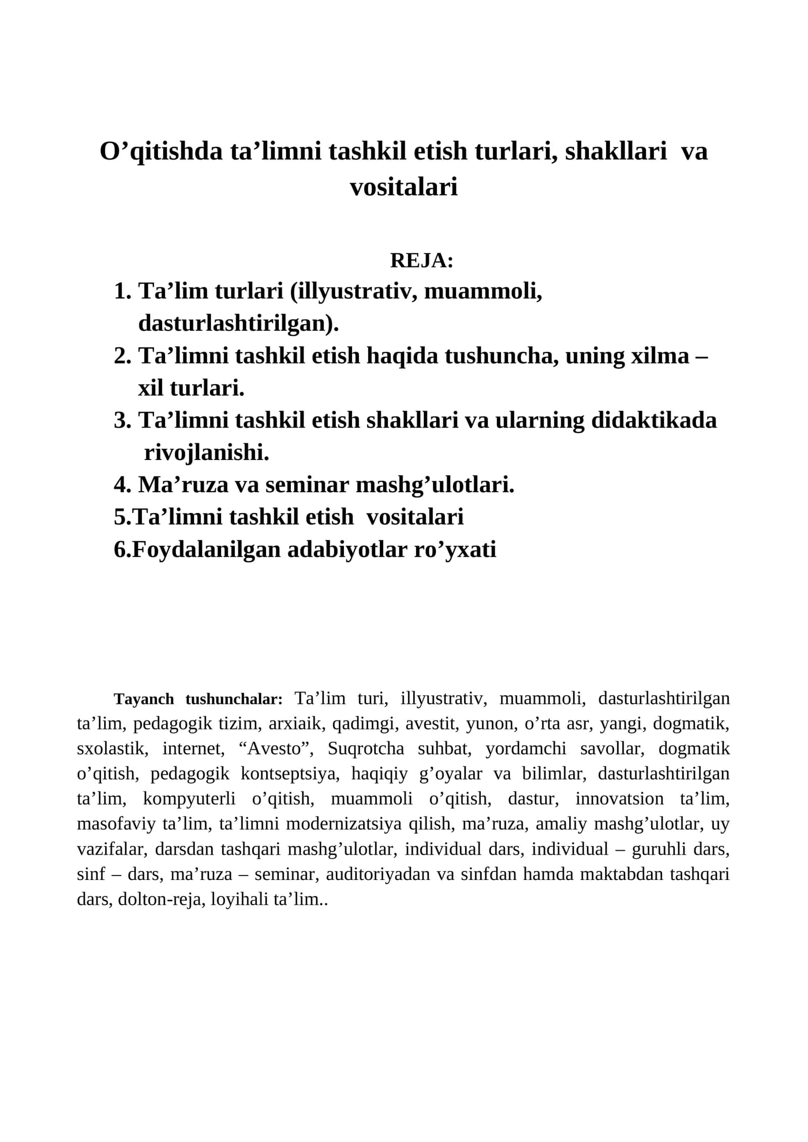 Ta'limni tashkil etish turlari, shakllari va vositalari 1