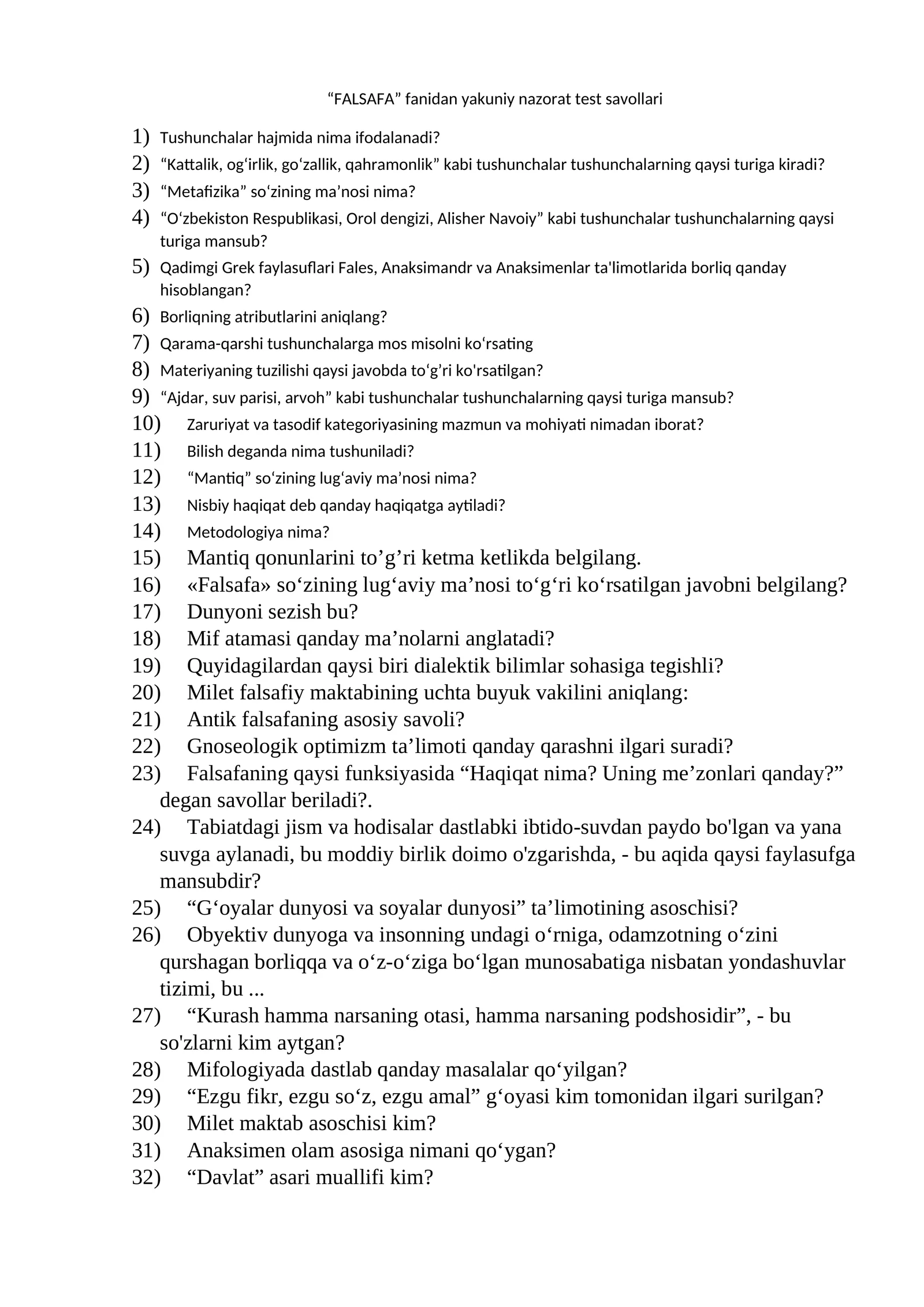 FALSAFA fanidan yakuniy nazorat test savollari 1