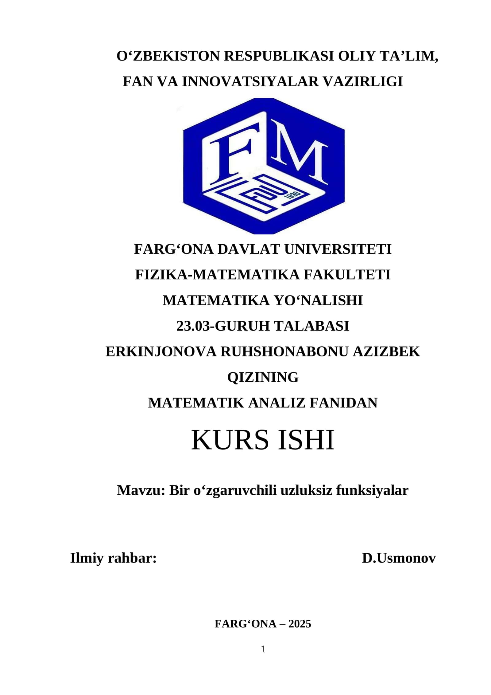 KURS ISHI: Bir o‘zgaruvchili uzluksiz funksiyalar 1