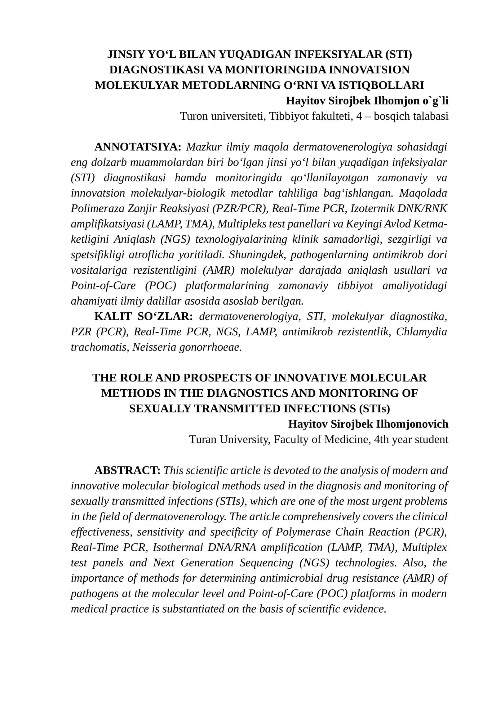 JINSIY YO‘L BILAN YUQADIGAN INFEKSIYALAR (STI) DIAGNOSTIKASI VA MONITORINGIDA INNOVATSION MOLEKULYAR METODLARNING O‘RNI VA ISTIQBOLLARI 1