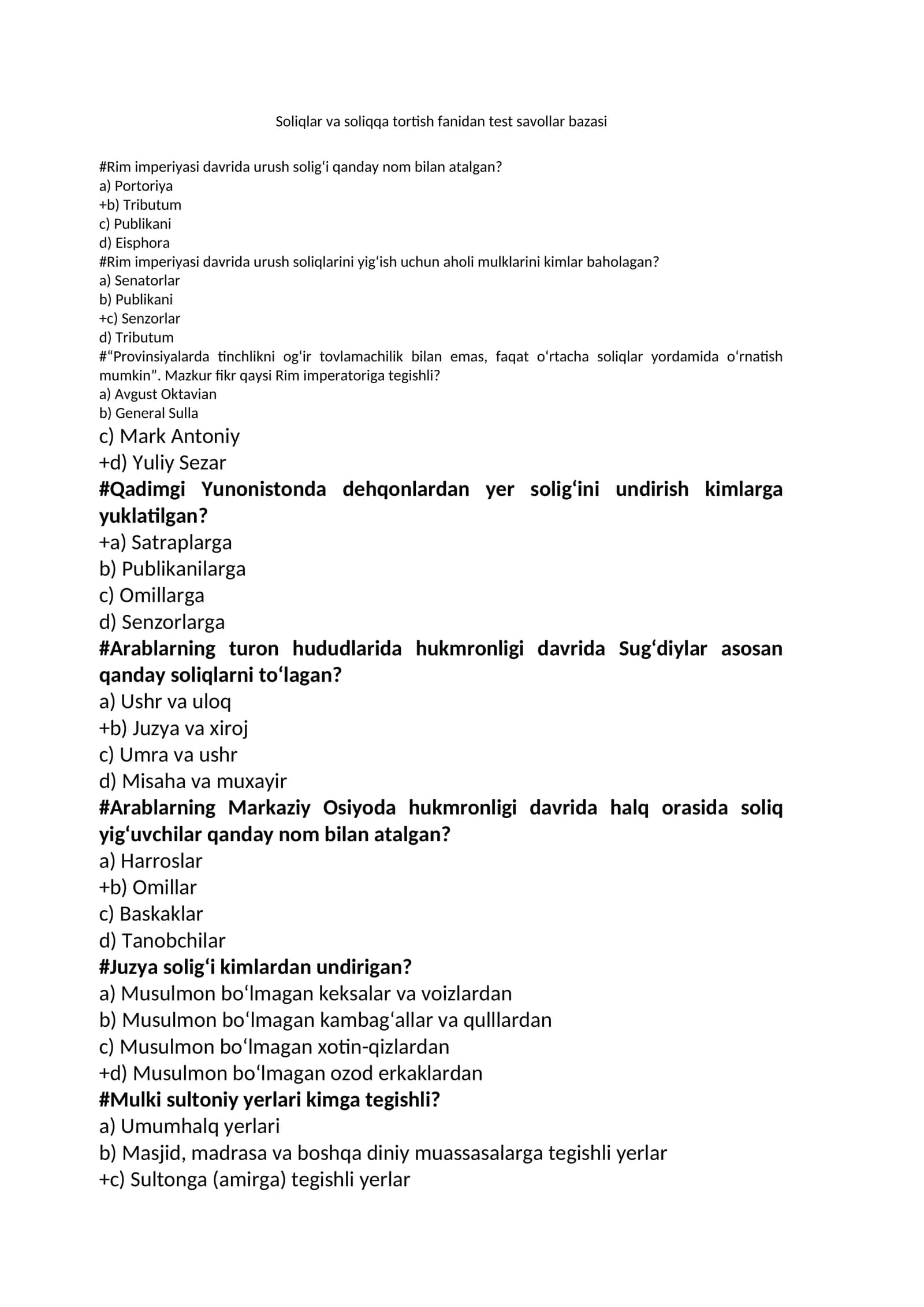 Soliqlar va soliqqa tortish fanidan test savollar bazasi 1