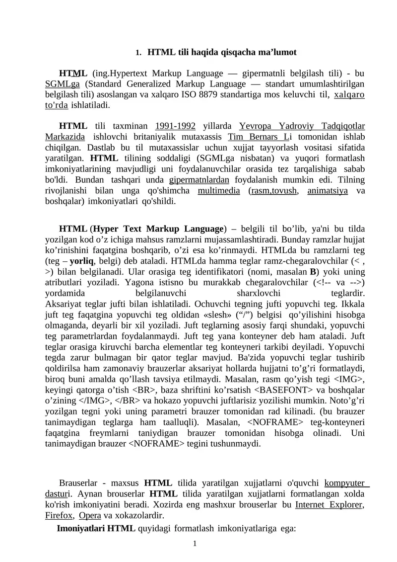 HTML tili haqida qisqacha ma’lumot 1