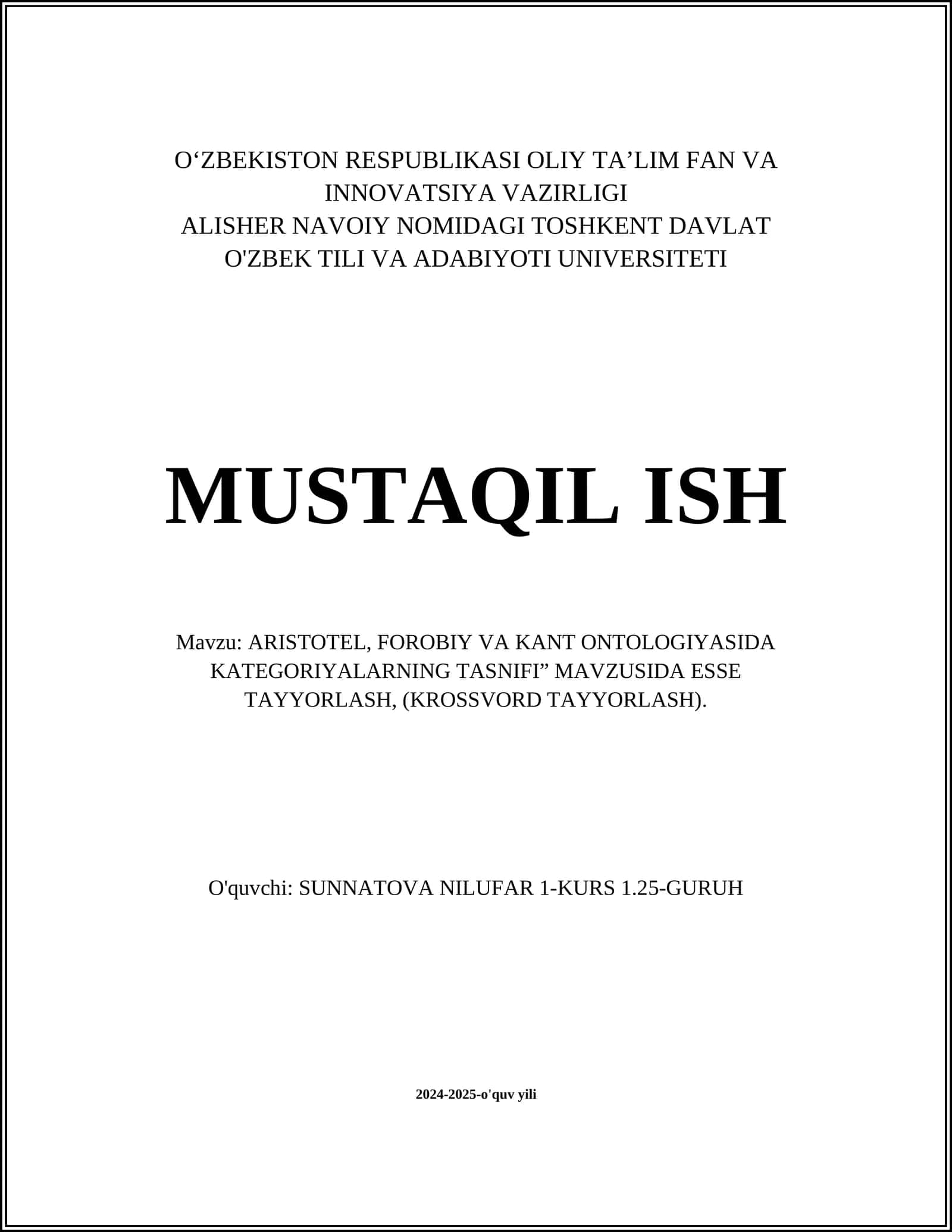 ARISTOTEL, FOROBIY VA KANT ONTOLOGIYASIDA KATEGORIYALARNING TASNIFI” MAVZUSIDA ESSE TAYYORLASH 1