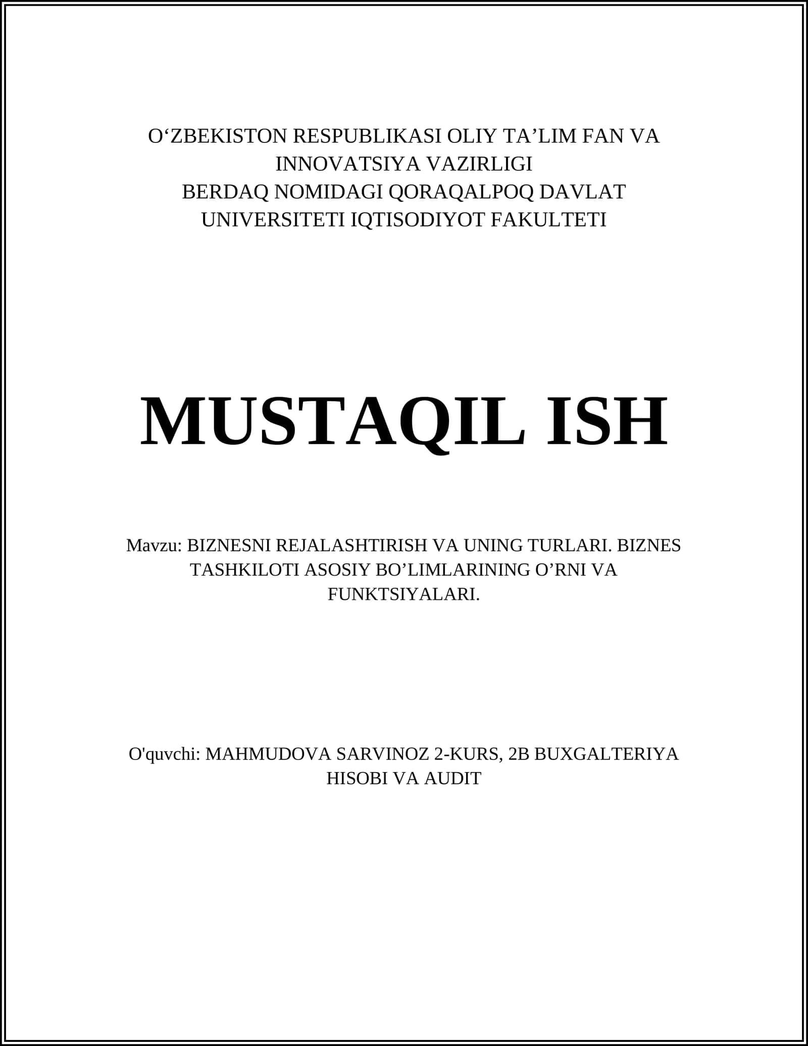 BIZNESNI REJALASHTIRISH VA UNING TURLARI 1
