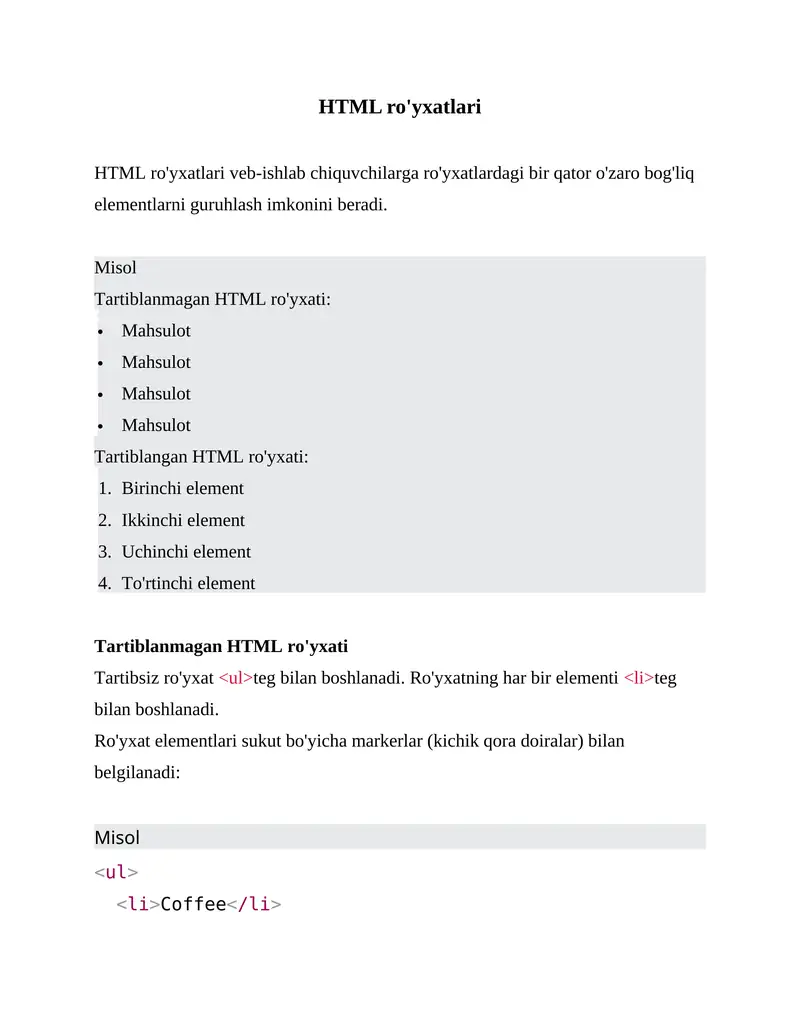 HTML ro'yxatlar bilan ishlash (kodlari bilan) 1