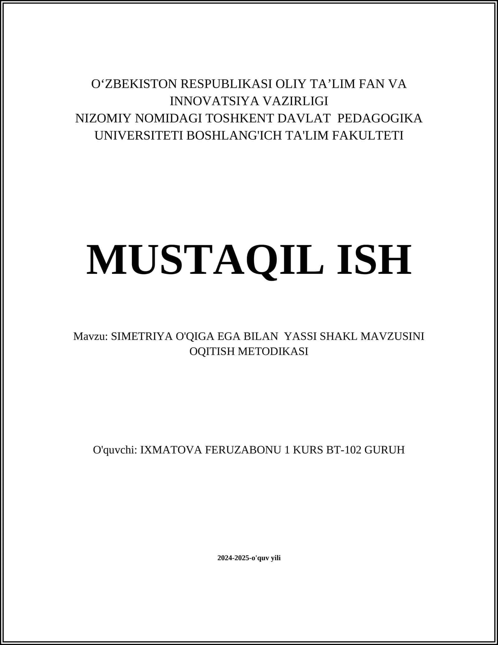 SIMETRIYA O'QIGA EGA BILAN YASSI SHAKL MAVZUSINI OQITISH METODIKASI 1