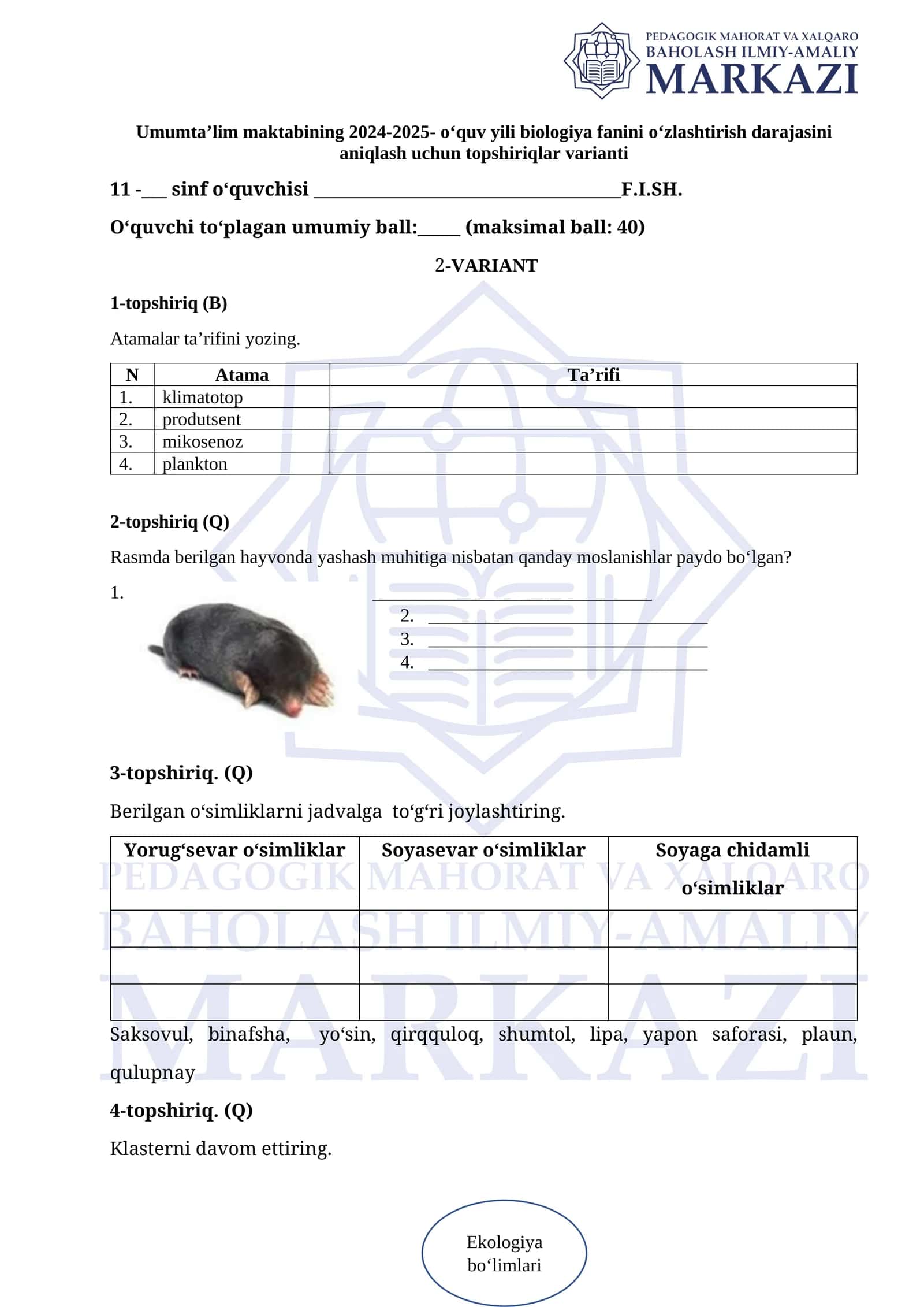 Biologiya fanini o‘zlashtirish topshiriqlari varianti 11-sinf 1