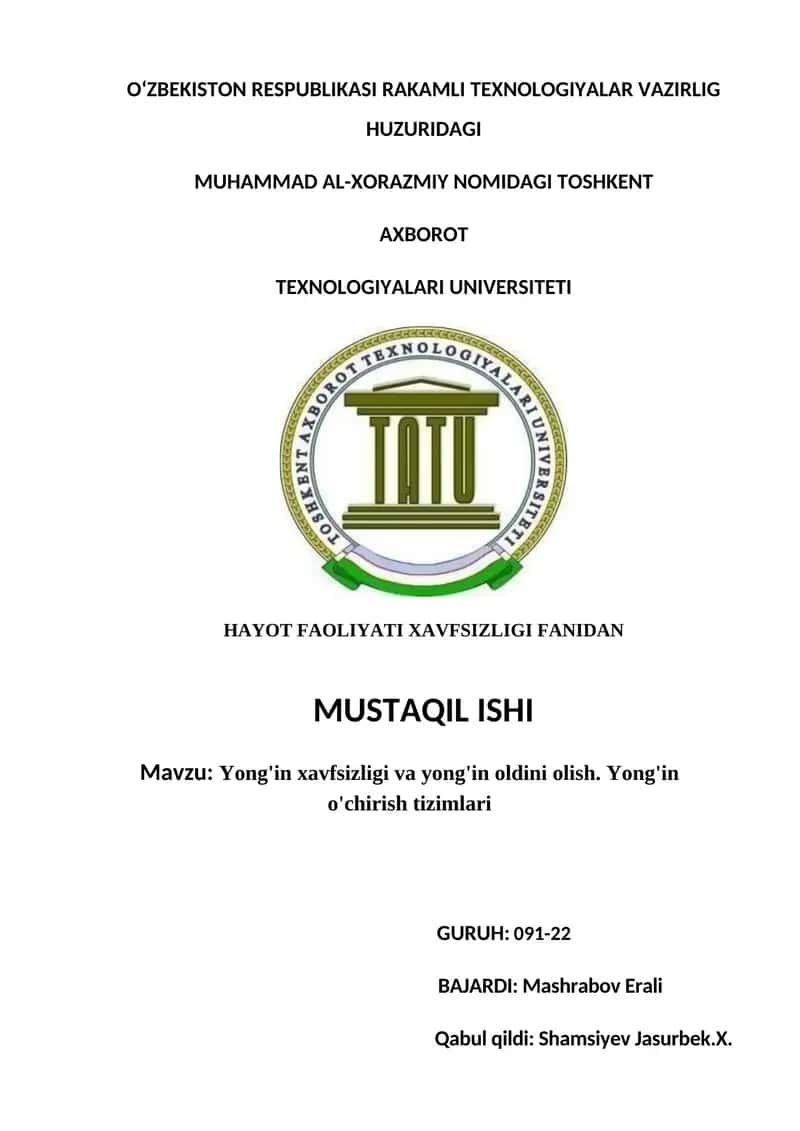Yong'in xavfsizligi va yong'in oldini olish. Yong'in o'chirish tizimlari 1