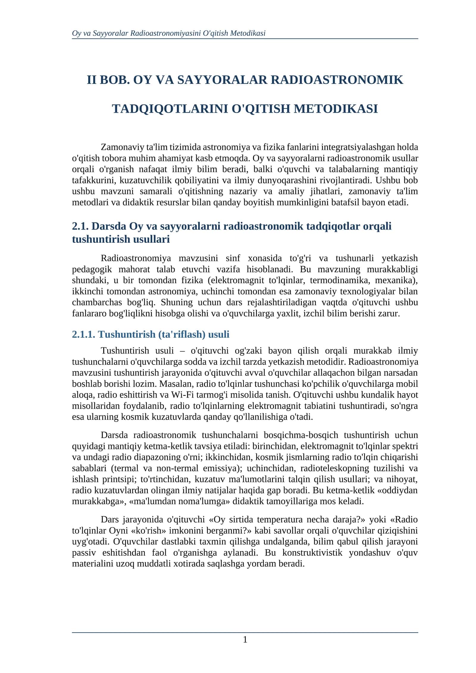 OY VA SAYYORALAR RADIOASTRONOMIK TADQIQOTLARINI O‘QITISH METODIKASI 1