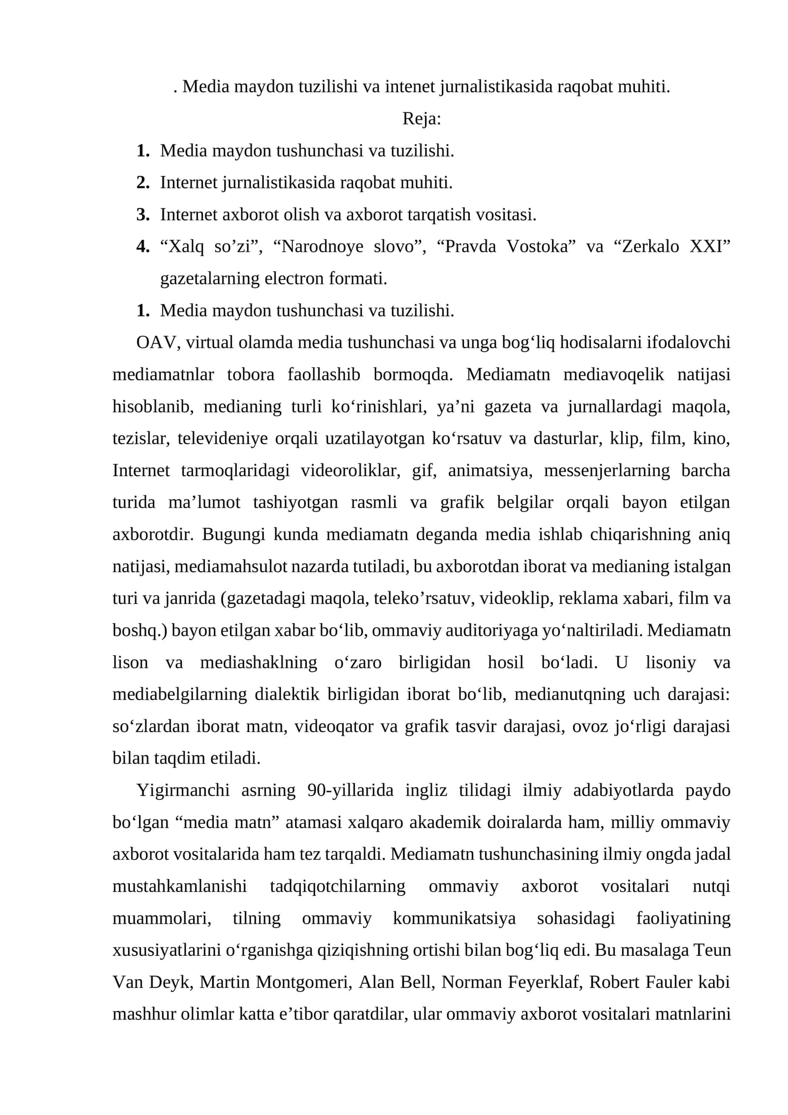 Media maydon tuzilishi va intenet jurnalistikasida raqobat muhiti 1