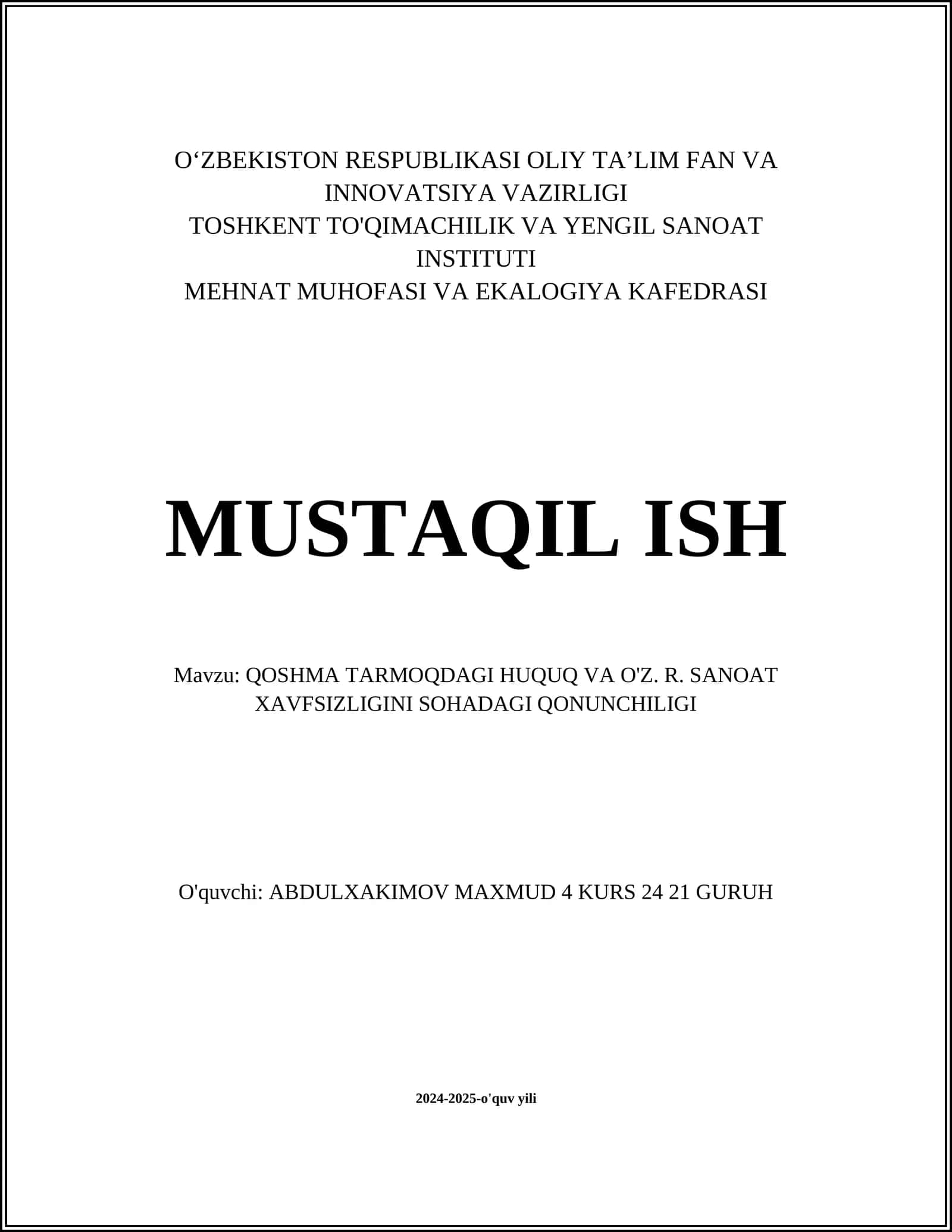 QOSHMA TARMOQDAGI HUQUQ VA O'Z. R. SANOAT XAVFSIZLIGINI SOHADAGI QONUNCHILIGI 1