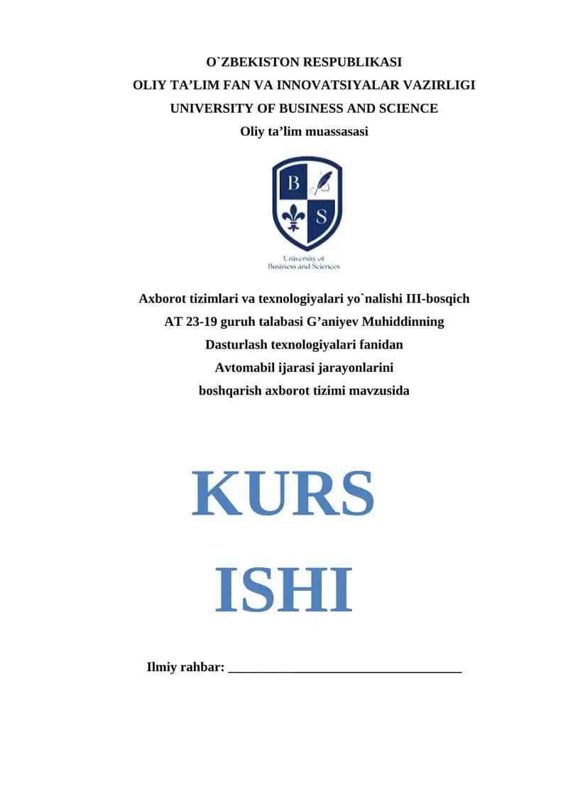 Kurs ishi: Avtomobil ijarasi boshqarish axborot tizimi mavzusida 1