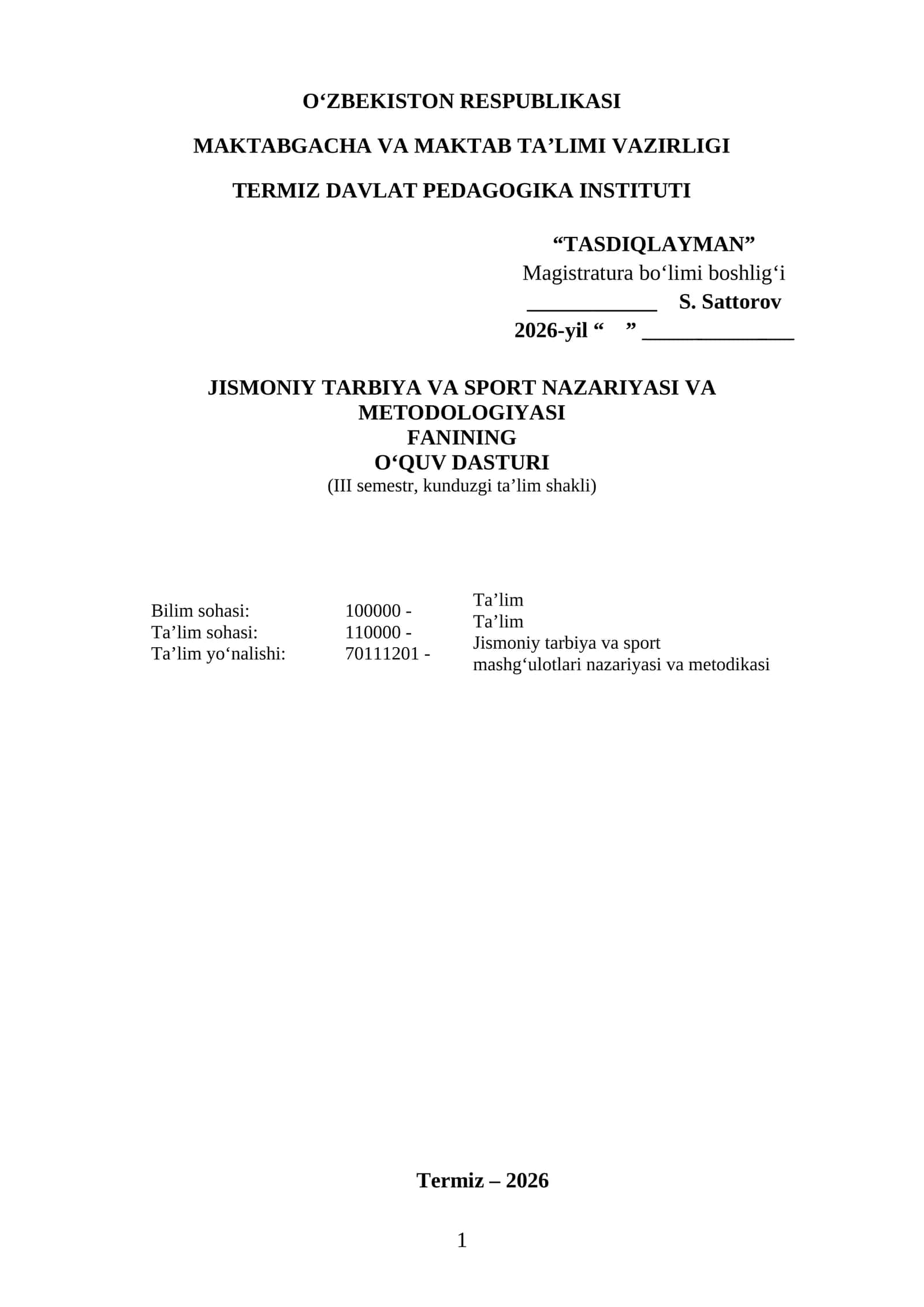 JISMONIY TARBIYA VA SPORT NAZARIYASI VA METODOLOGIYASI o'quv dasturi 2026-2027 1