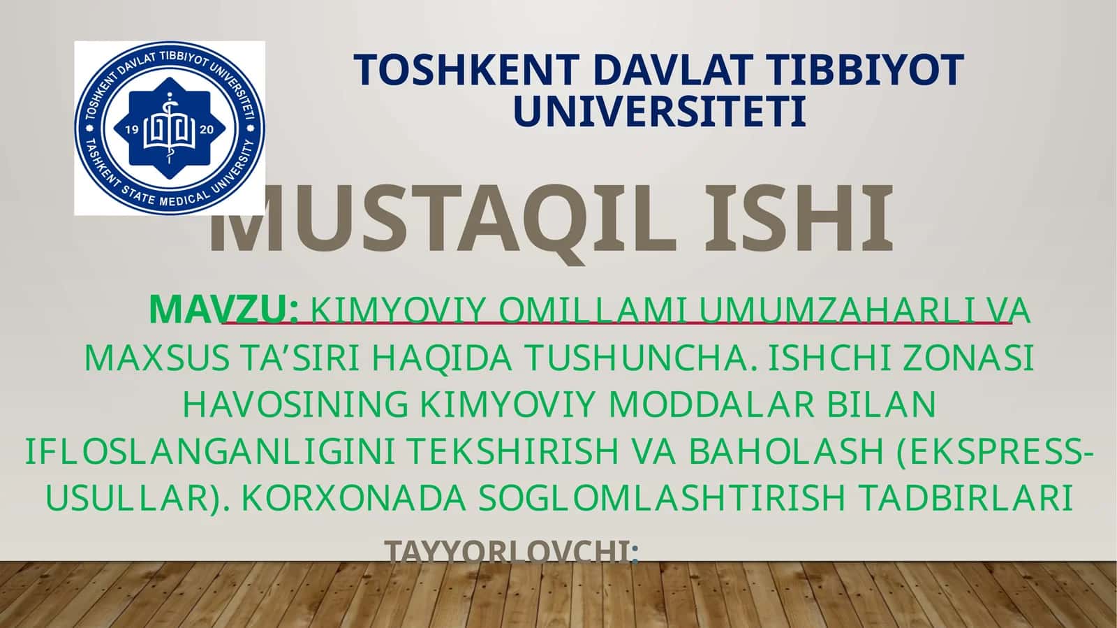 Kimyoviy omillami umumzaharli va maxsus ta’siri haqida tushuncha. Ishchi zonasi havosining kimyoviy moddalar bilan ifloslanganligini tekshirish va baholash (ekspress-usullar). Korxonada sogLomlashtirish tadbirlari 1