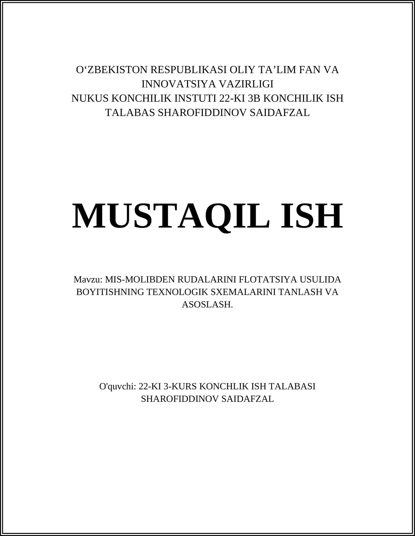 MIS-MOLIBDEN RUDALARINI FLOTATSIYA TEXNOLOGIYASINING ASOSLARI 1