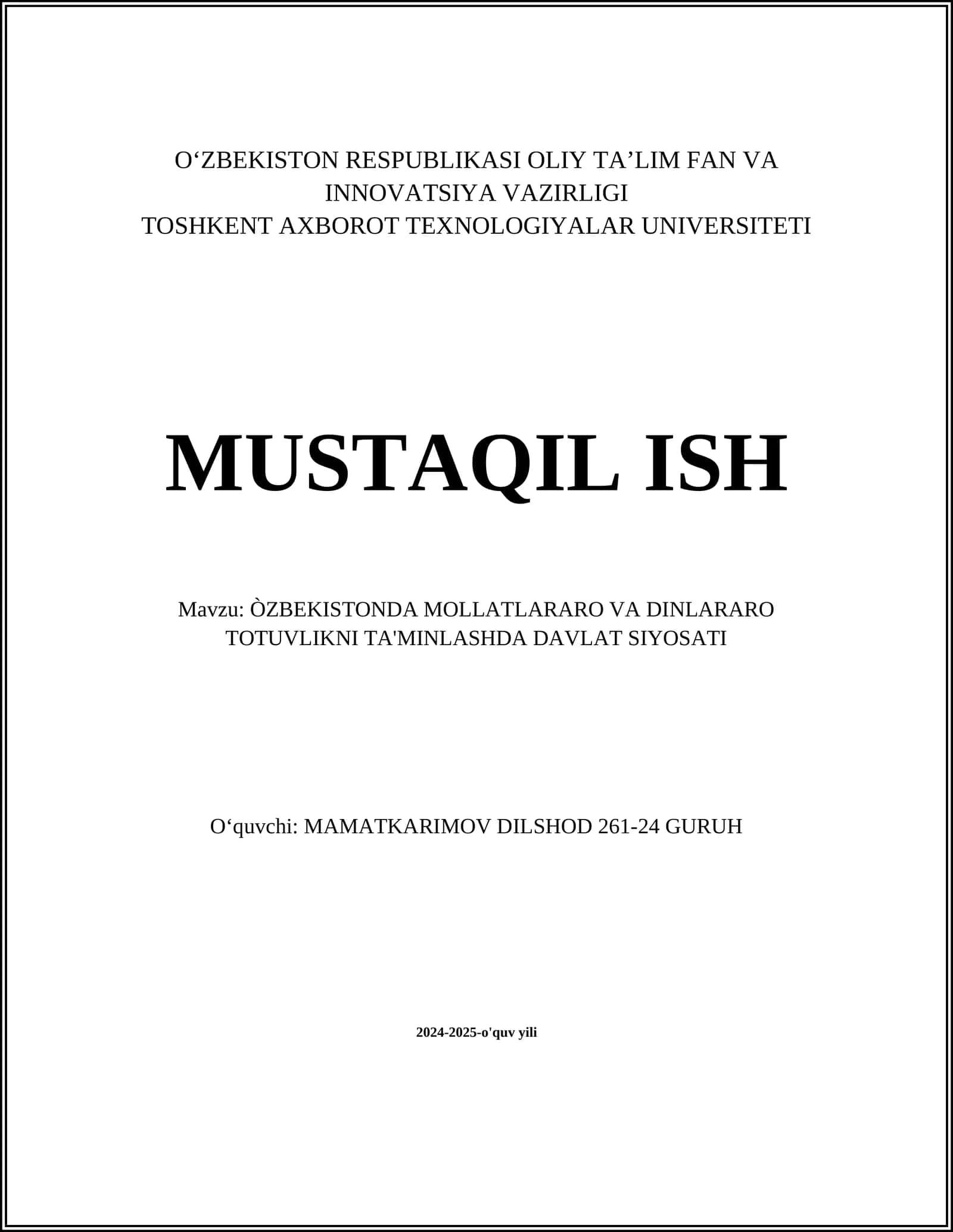 ÒZBEKISTONDA MOLLATLARARO VA DINLARARO TOTUVLIKNI TA'MINLASHDA DAVLAT SIYOSATI 1