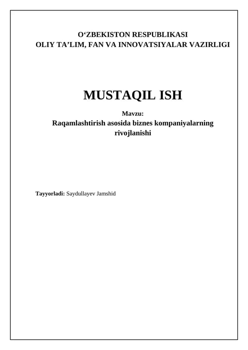 Raqamlashtirish asosida biznes kompaniyalarning rivojlanishi 1