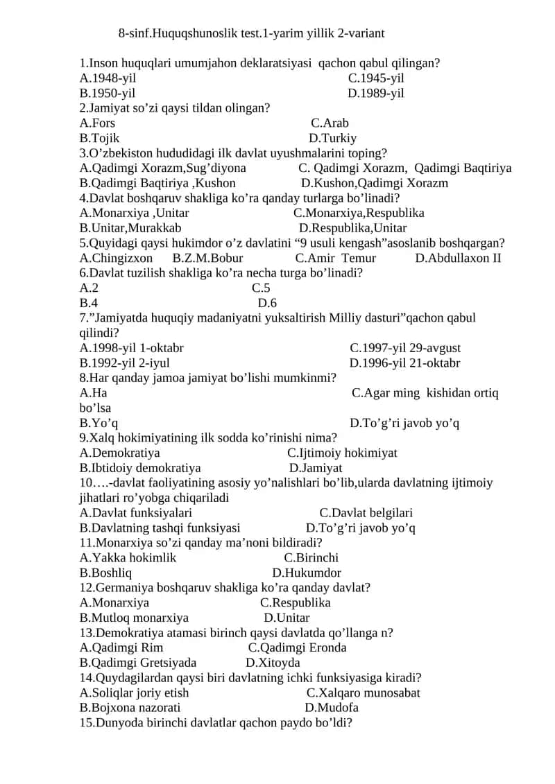 8-sinf.Huquqshunoslik test.1-yarim yillik 2-variant 1