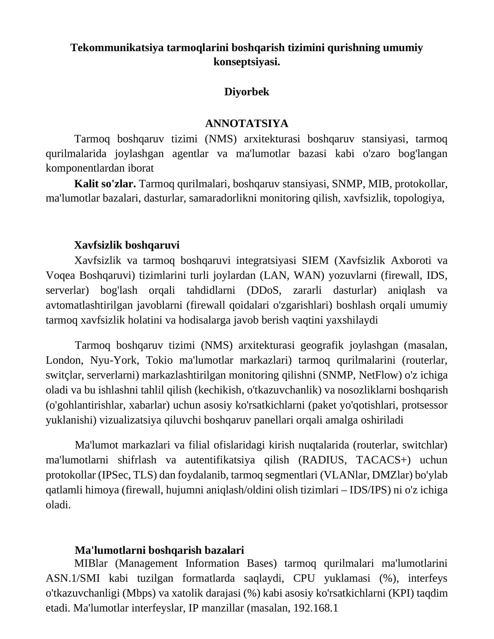 Tarmoq boshqaruv tizimi (NMS) arxitekturasi 1