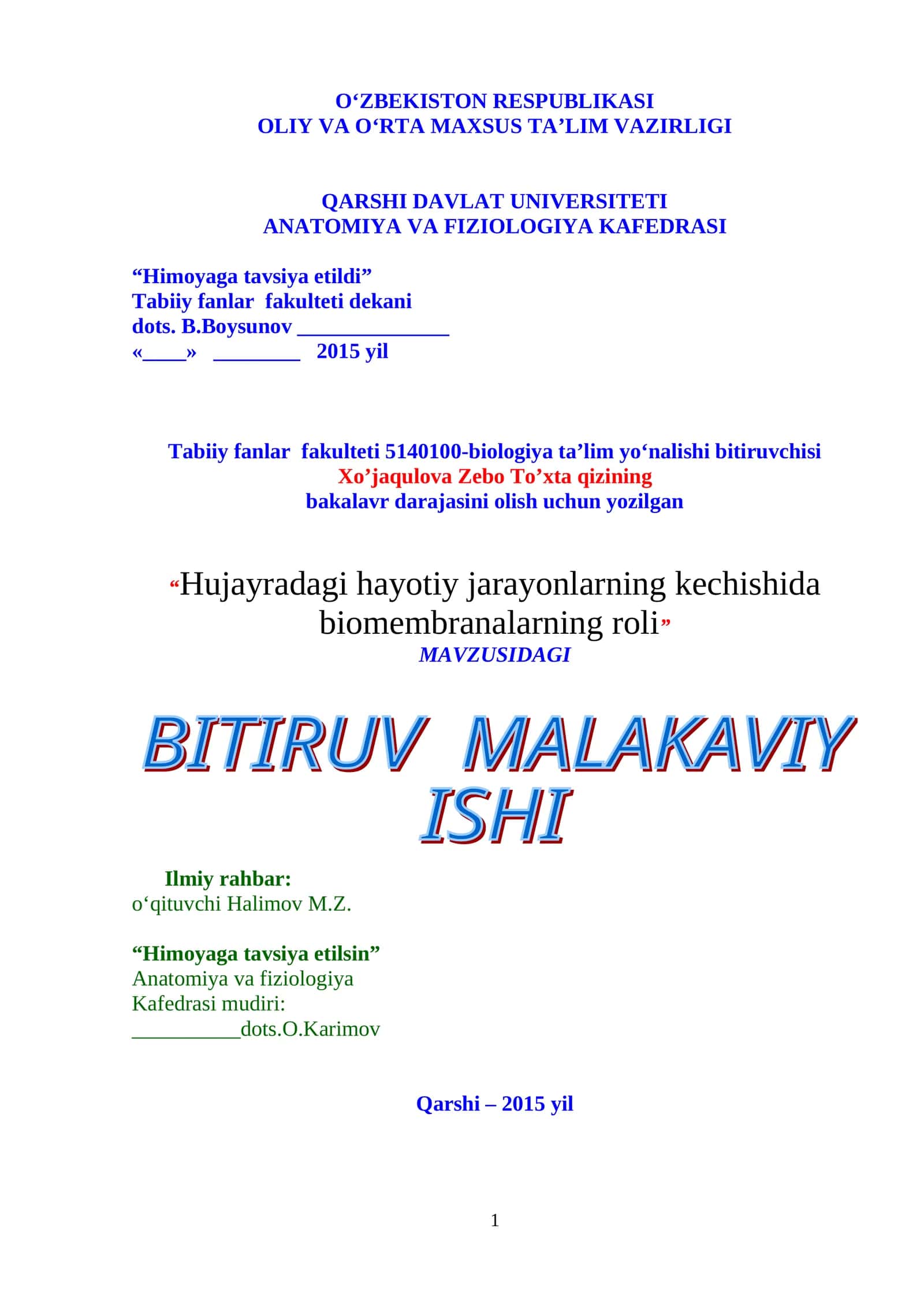 Hujayradagi hayotiy jarayonlarning kechishida biomembranalarning roli 1
