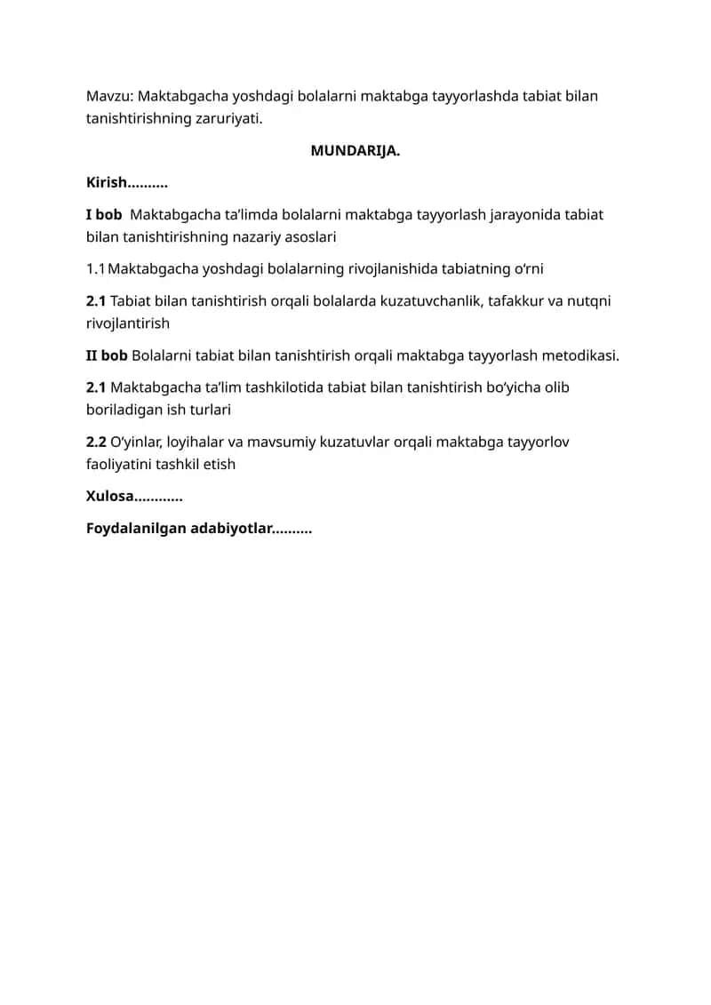 Maktabgacha yoshdagi bolalarni maktabga tayyorlashda tabiat bilan tanishtirishning zaruriyati 1