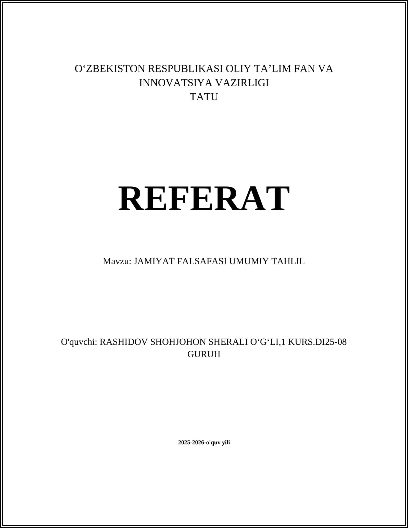 Jamiyat Falsafasi Umumiy Tahlil 1