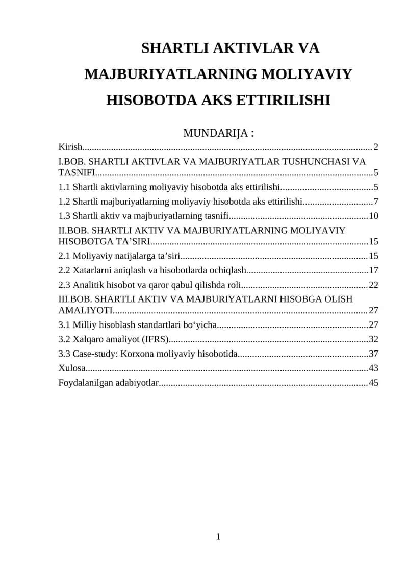 SHARTLI AKTIVLAR VA MAJBURIYATLARNING MOLIYAVIY HISOBOTDA AKS ETTIRILISHI 1