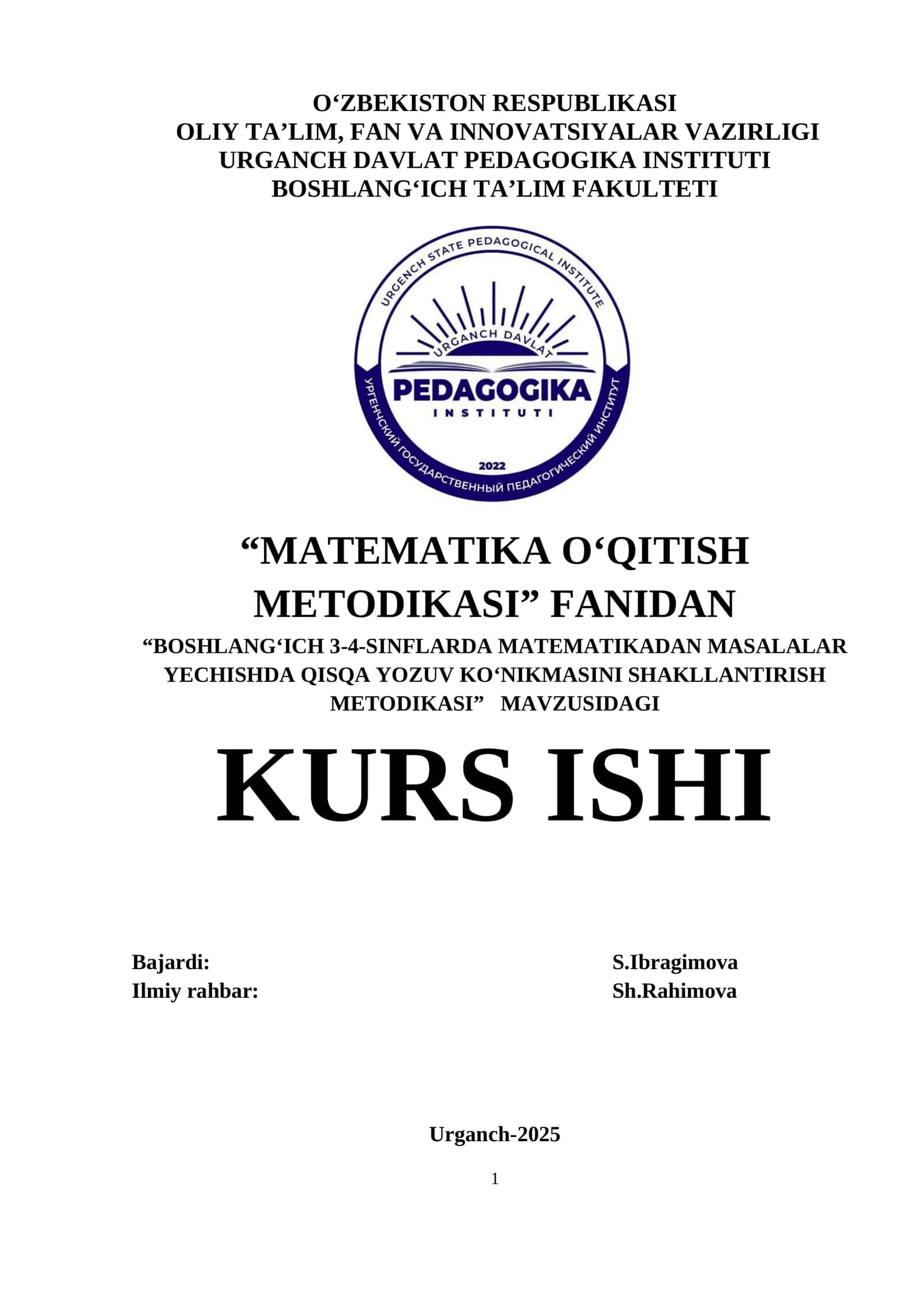 Boşlang‘ich 3-4-sinflarda matematikadan masalalar yechishda qisqa yozuv koʻnikmasini shakllantirish metodikasi 1