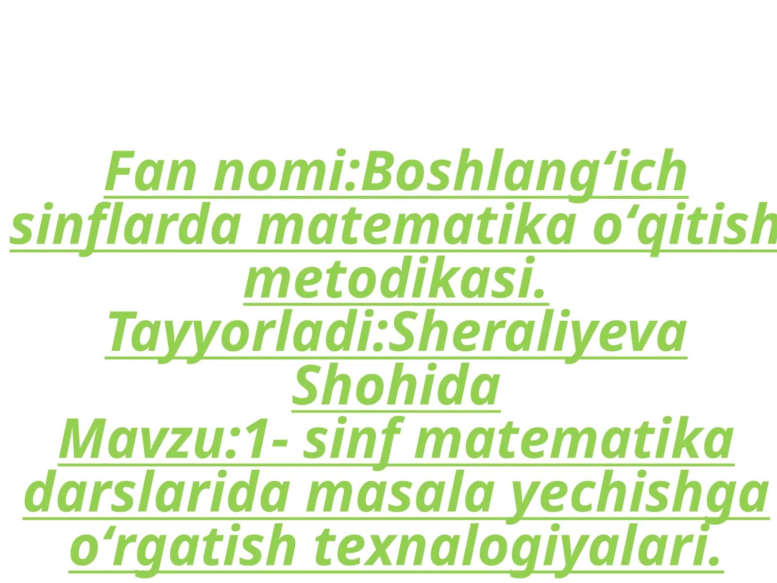 1- sinf matematika darslarida masala yechishga oʻrgatish texnalogiyalari. 1