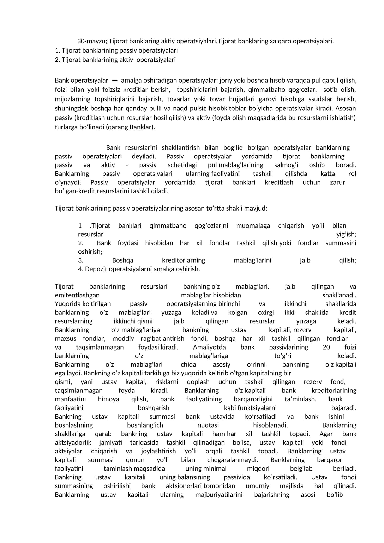 Tijorаt bаnklаring аktiv operаtsiyalаri.Tijorаt bаnklаring xаlqаro operаtsiyalаri 1