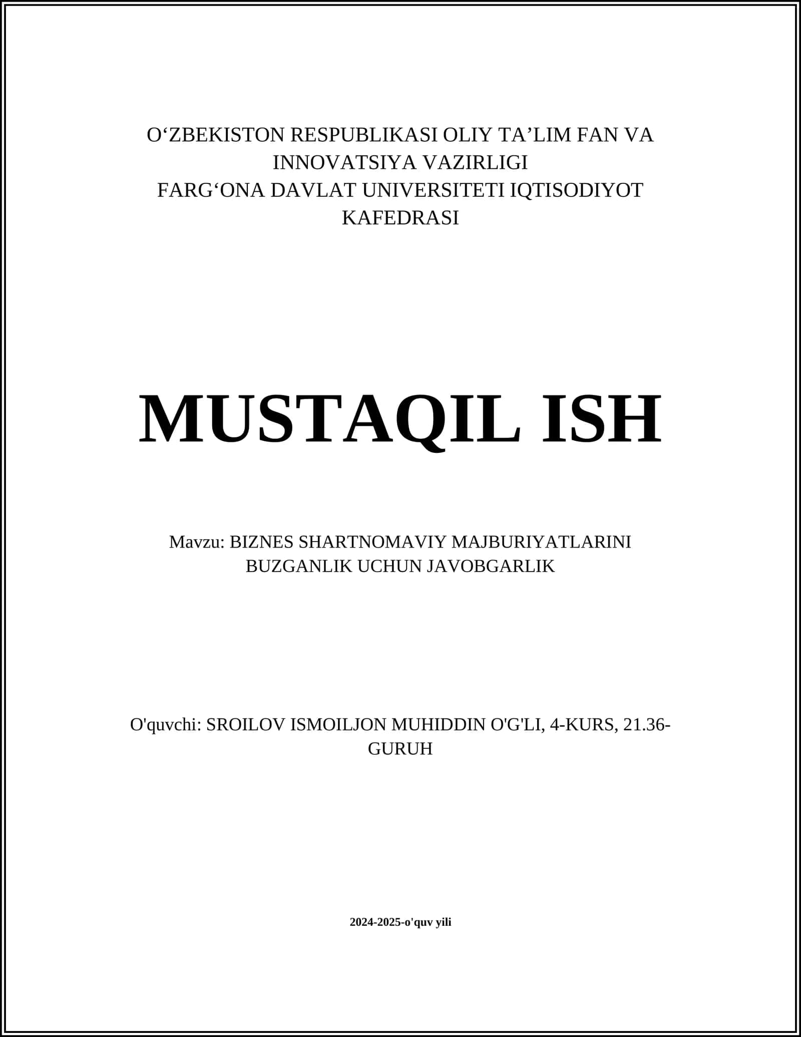 BIZNES SHARTNOMAVIY MAJBURIYATLARINI BUZGANLIK UCHUN JAVOBGARLIK 1