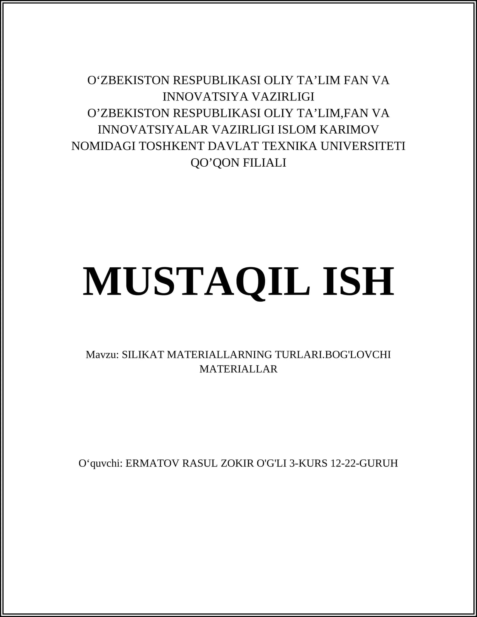 SILIKAT MATERIALLARNING TURLARI.BOG'LOVCHI MATERIALLAR 1