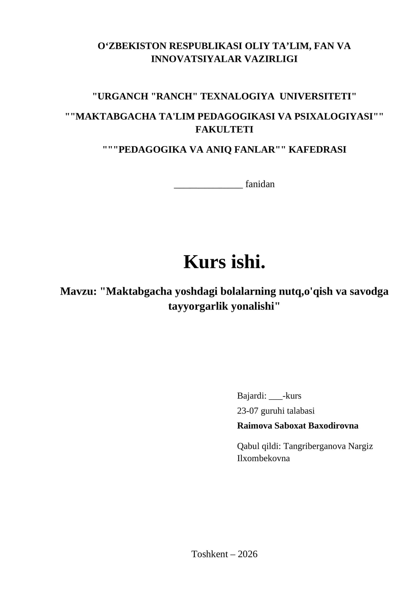 "Maktabgacha yoshdagi bolalarning nutq,o'qish va savodga tayyorgarlik yonalishi" 1