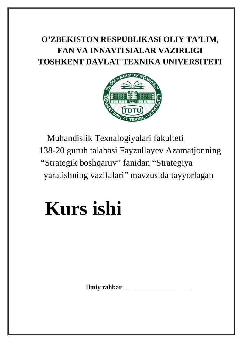 Strategik boshqaruv - Strategiya yaratishning vazifalari 1