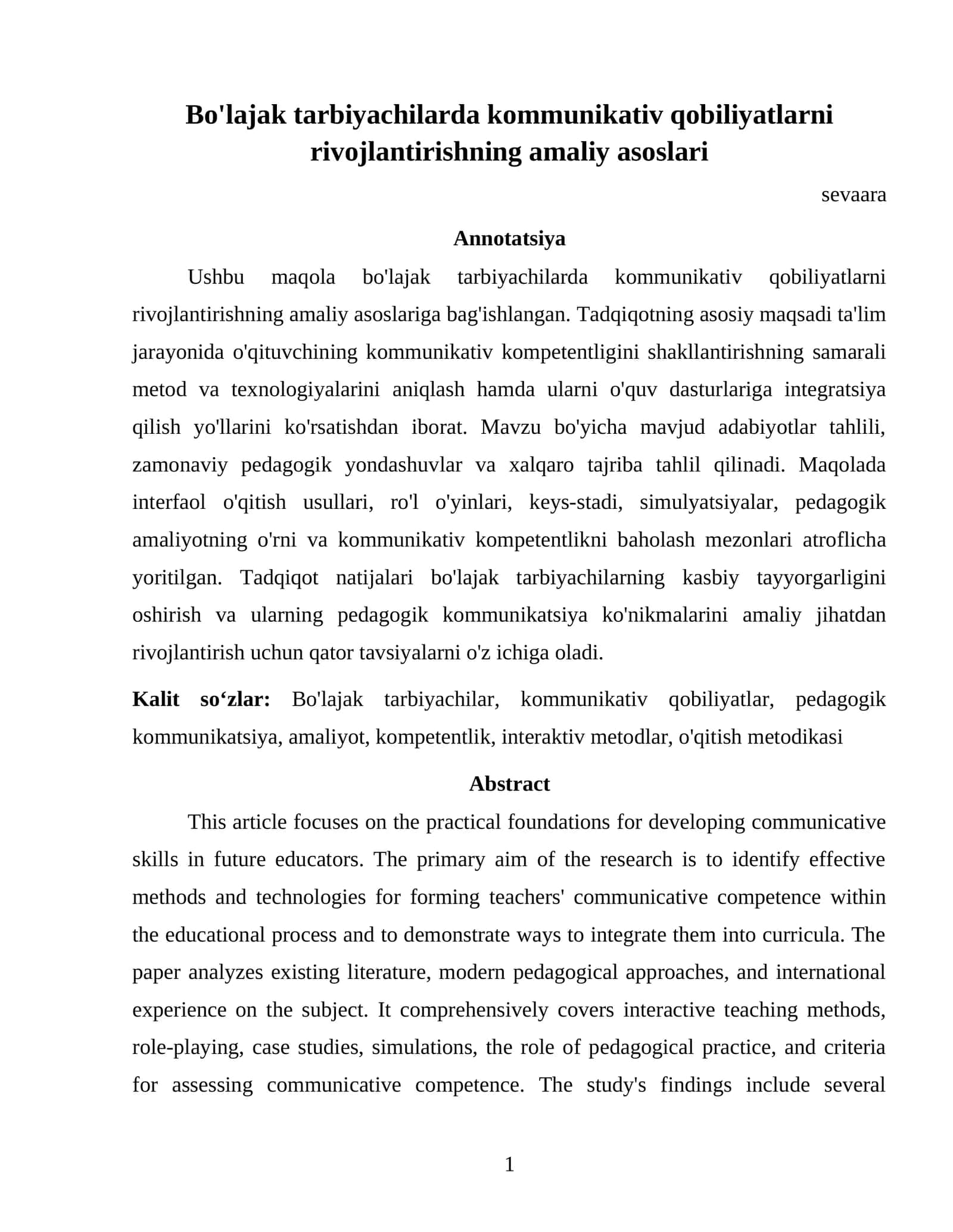 Bo'lajak tarbiyachilarda kommunikativ qobiliyatlarni rivojlantirishning amaliy asoslari 1