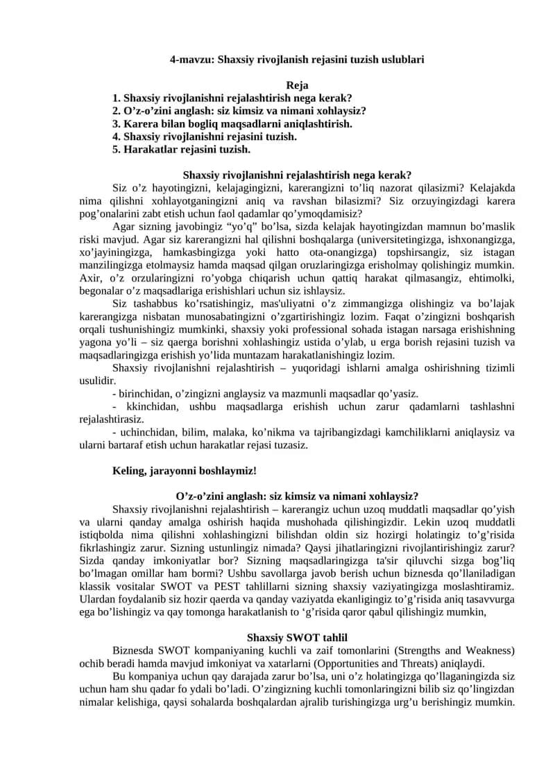 Shaxsiy rivojlanish rеjasini tuzish uslublari 1